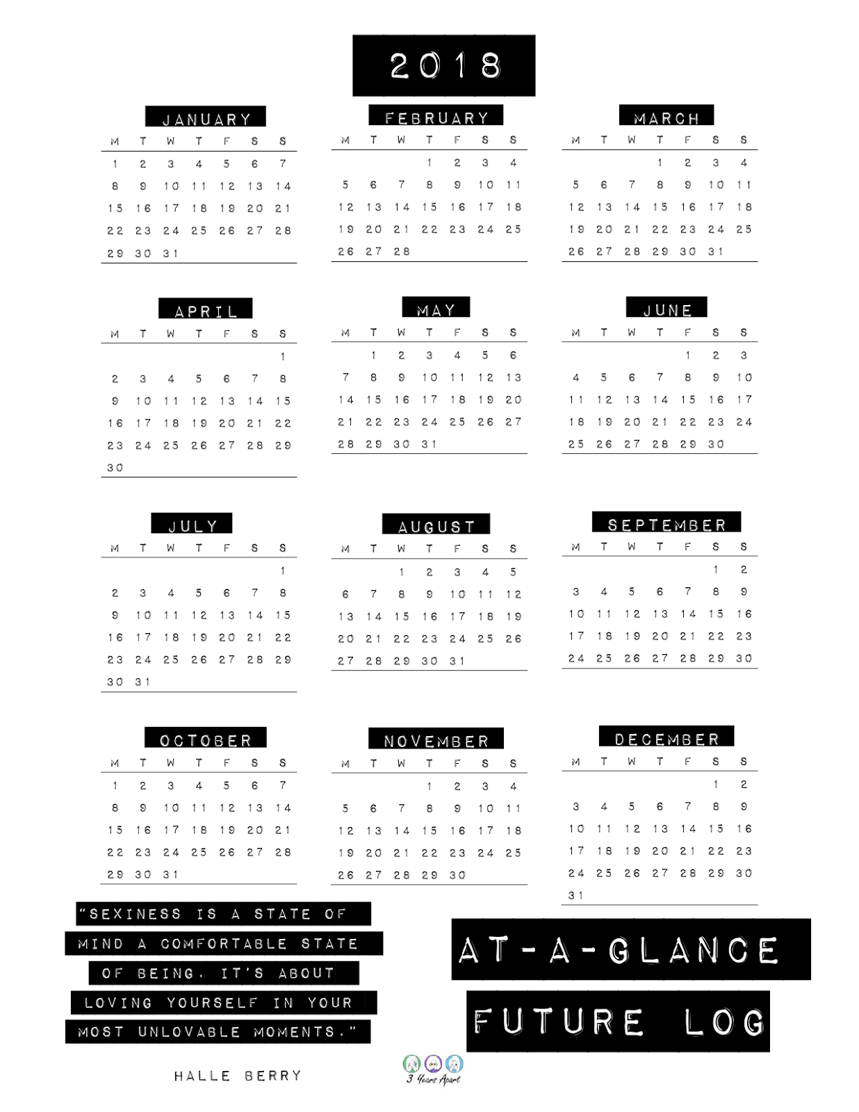 2018 Yearly At a Glance And Future Log Printable Free Download Bullet Journal And Planner Printables 3 Years Apart
