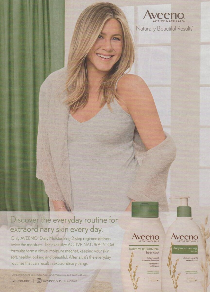 2019 Aveeno Body Skin Lotion Friends Actress Jennifer Aniston Print Ad Photo