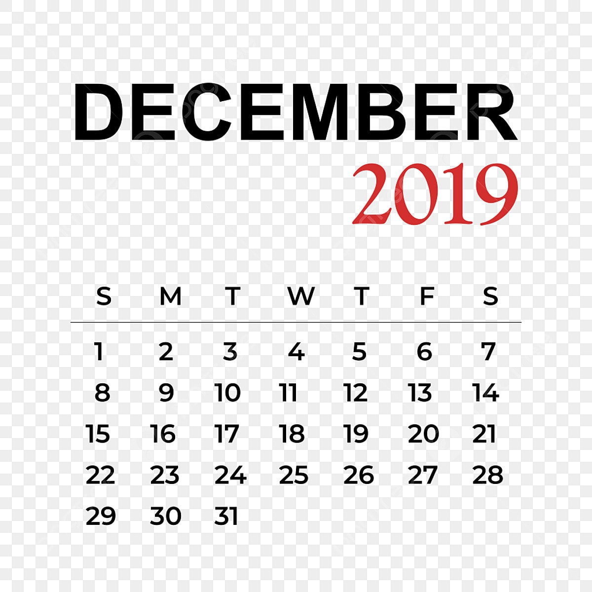 2019 Calendar December Month December Clipart Calendar Year PNG And Vector With Transparent Background For Free Download