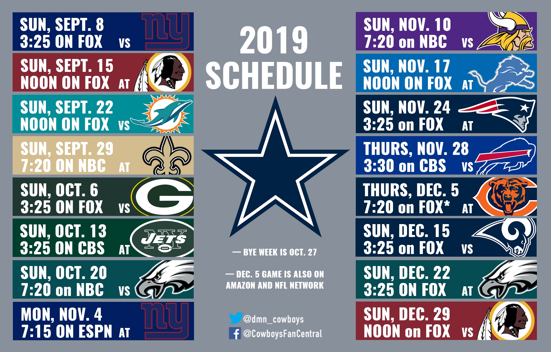 2019 Cowboys Schedule Dallas Hosts Giants In Opener Travels To New England In November And More