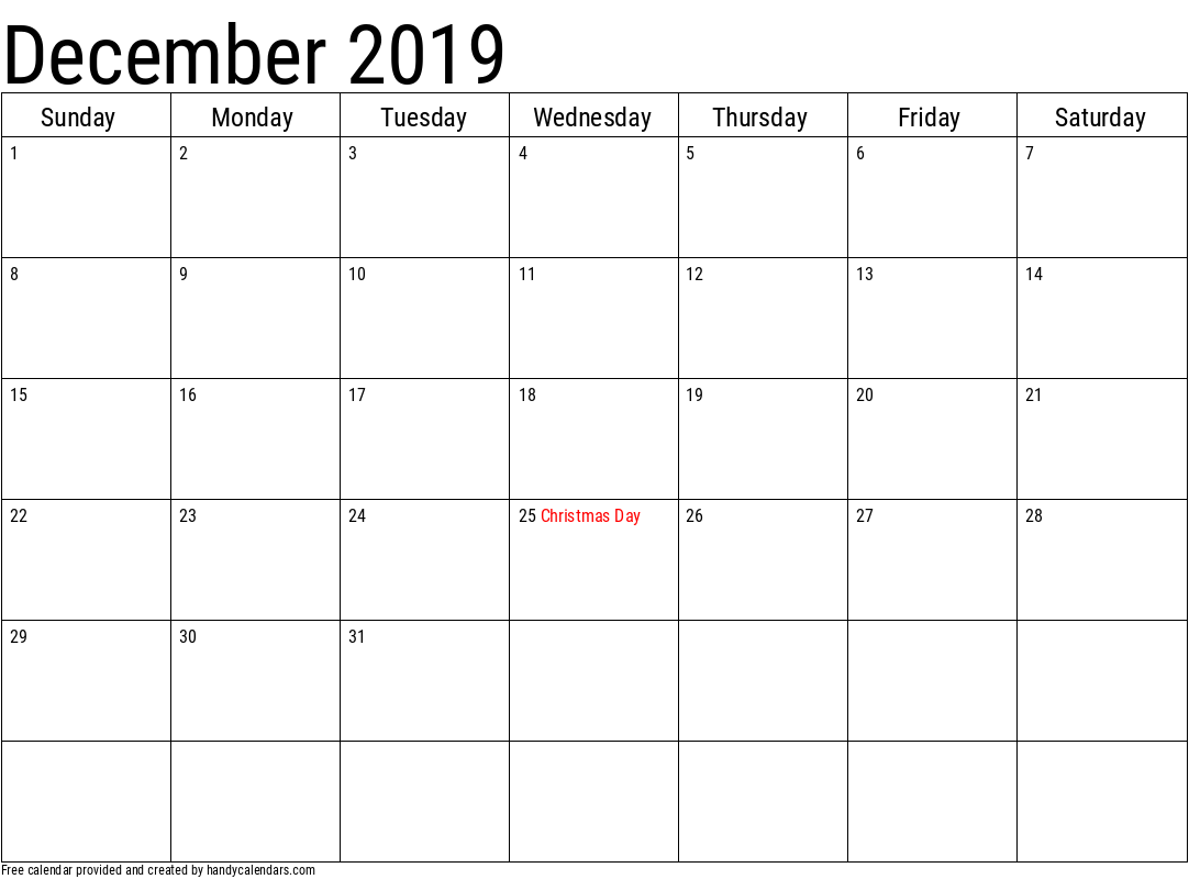 2019 December Calendars Handy Calendars
