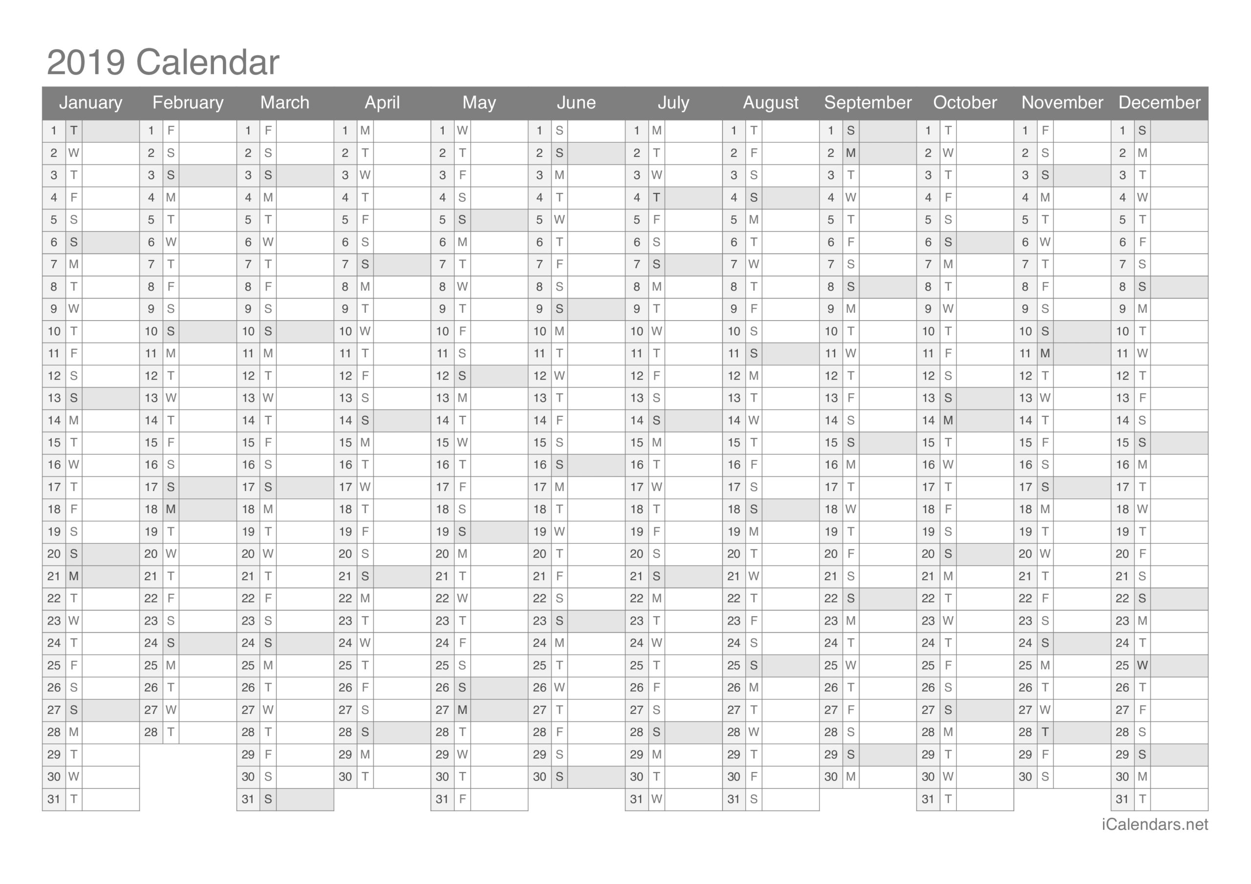 2019 Printable Calendar PDF Or Excel