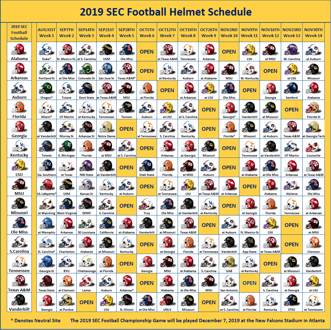 2019 SEC Football Helmet Schedule SEC Football Online