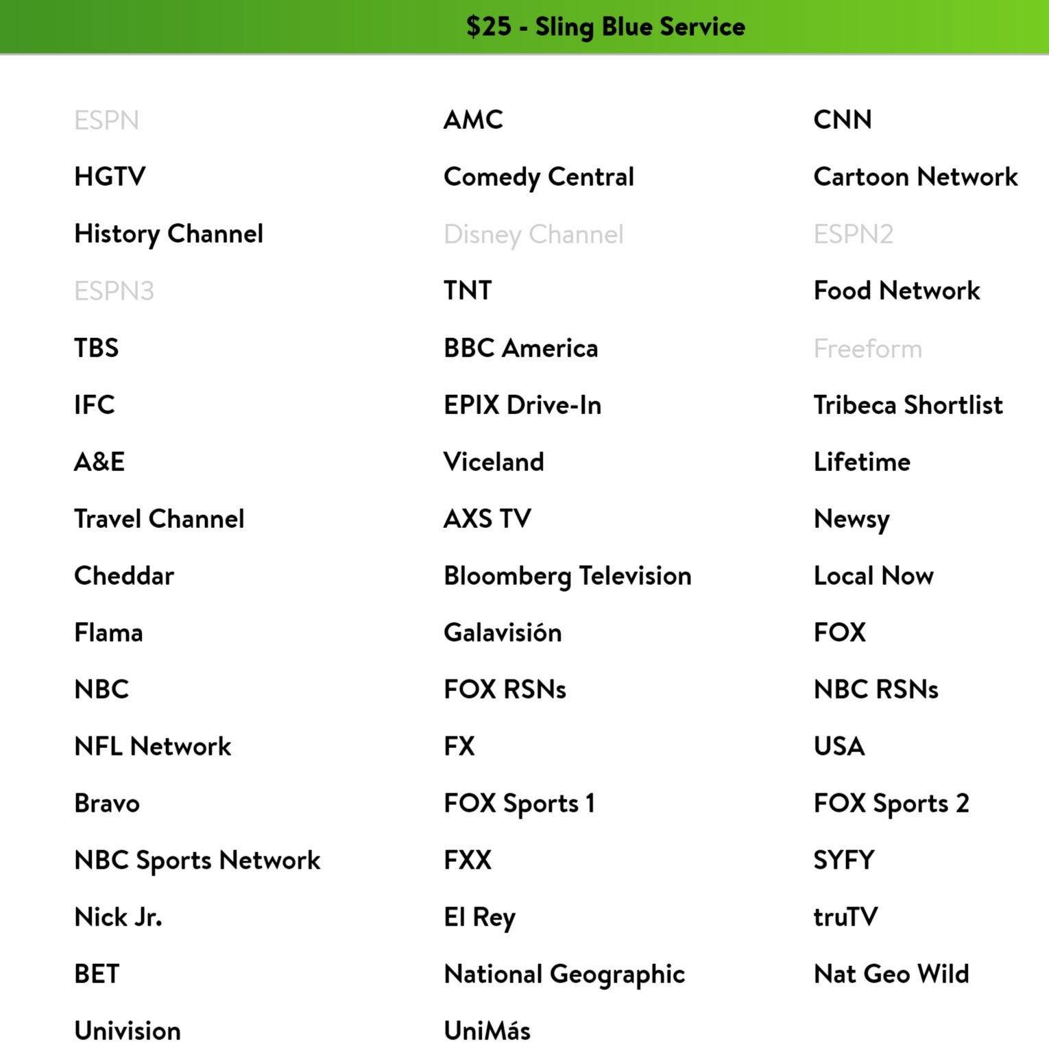 sling tv printable channel list