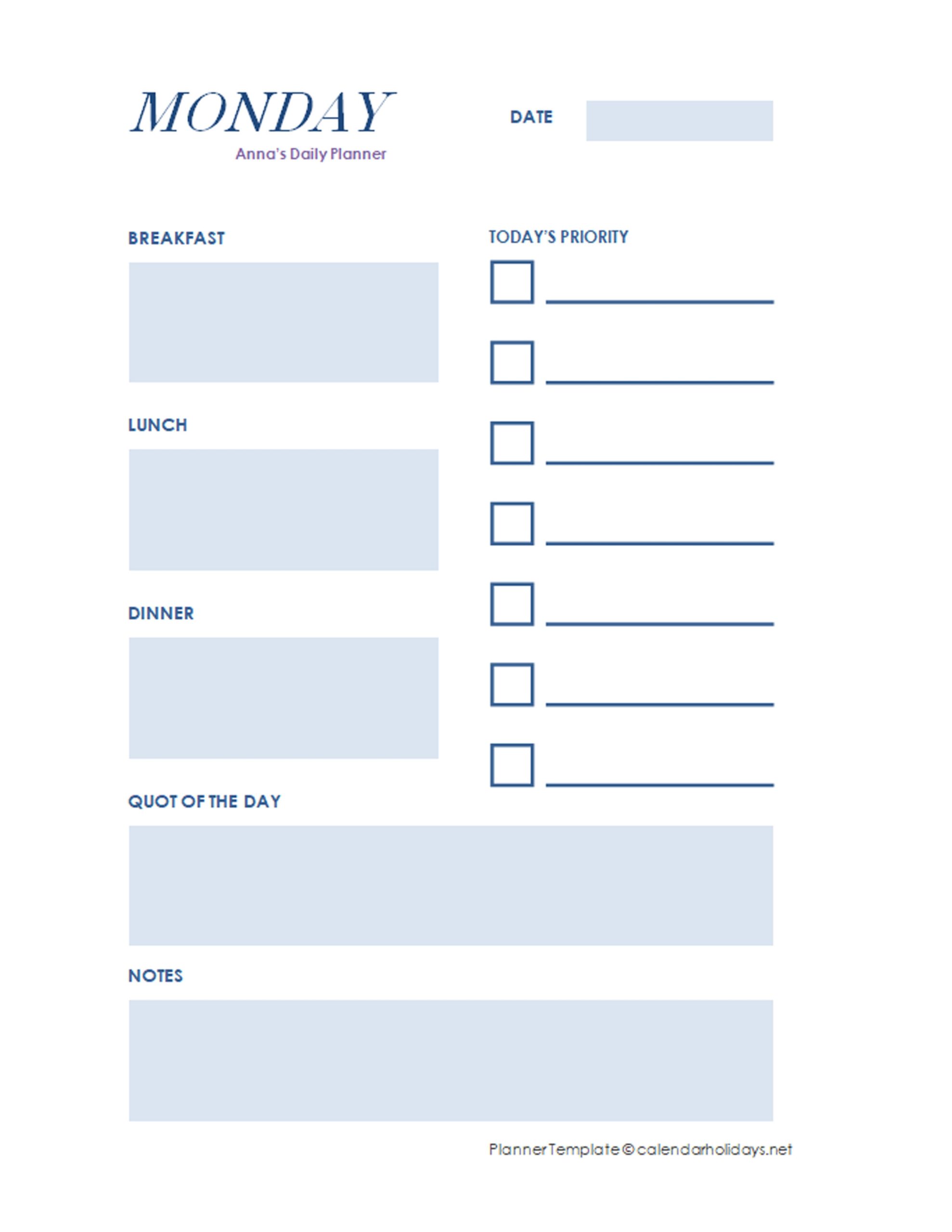 2020 Daily Planner Template CalendarHolidays