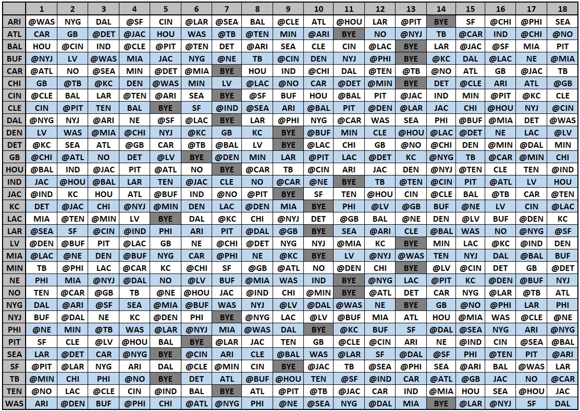 2023 NFL Schedule Team Grid Worksheets Library