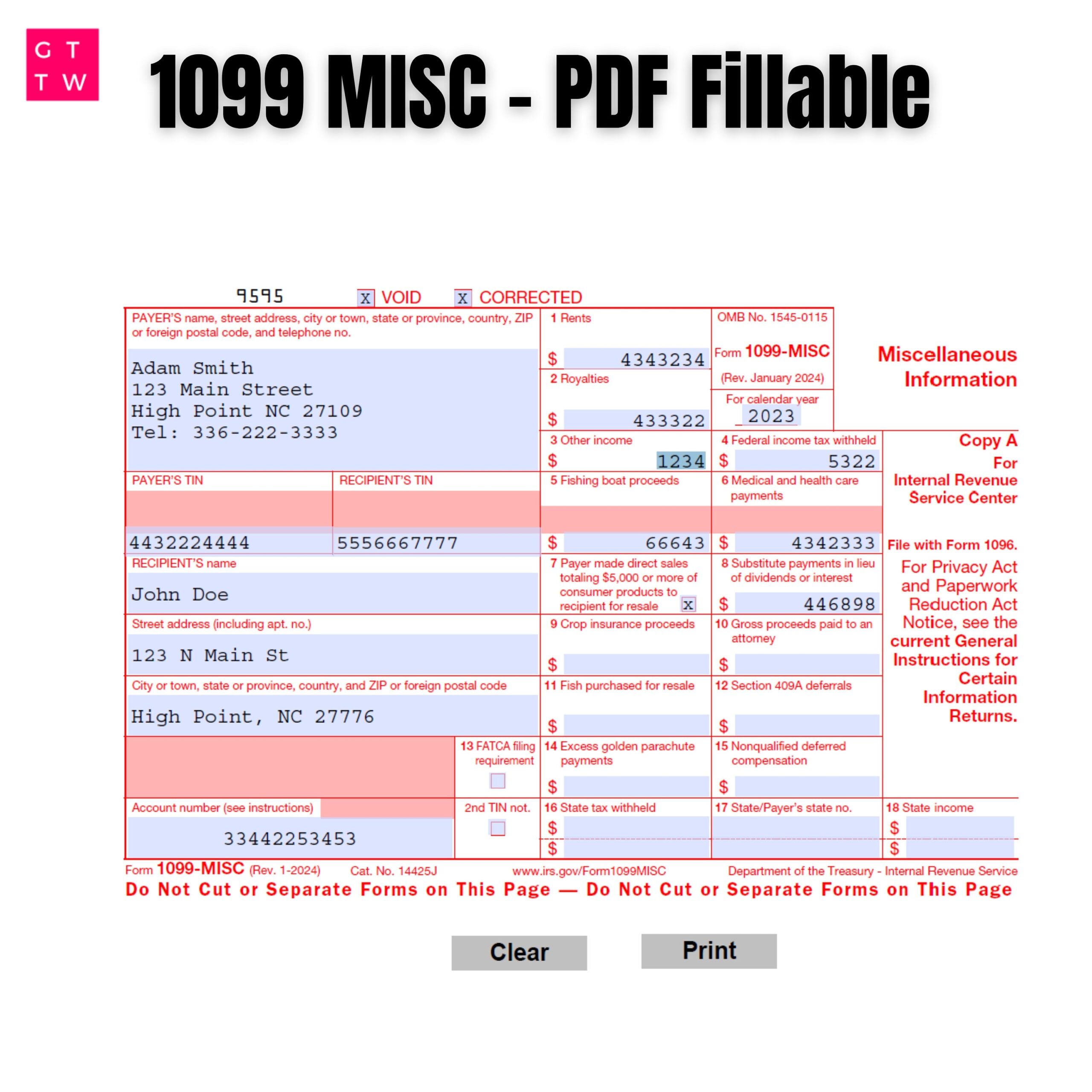 2024 1099 MISC Form Fillable Print Template digital Download Etsy