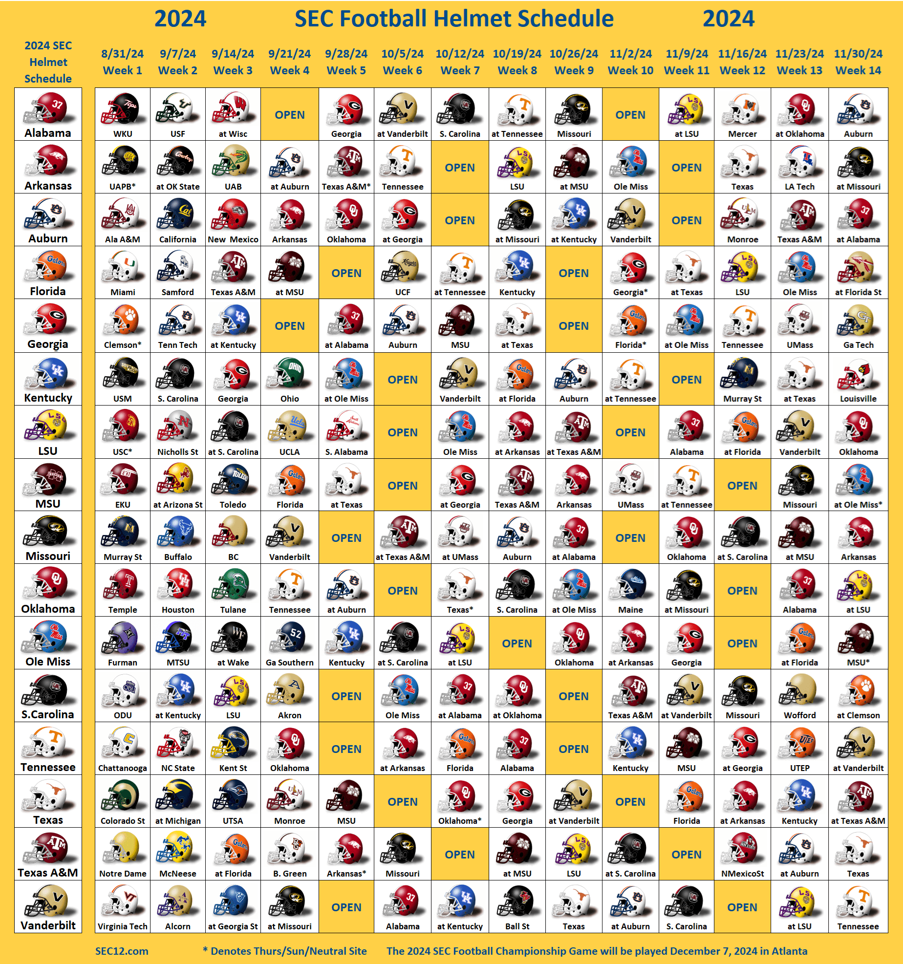 2024 SEC Football Helmet Schedule SEC12 SEC Football