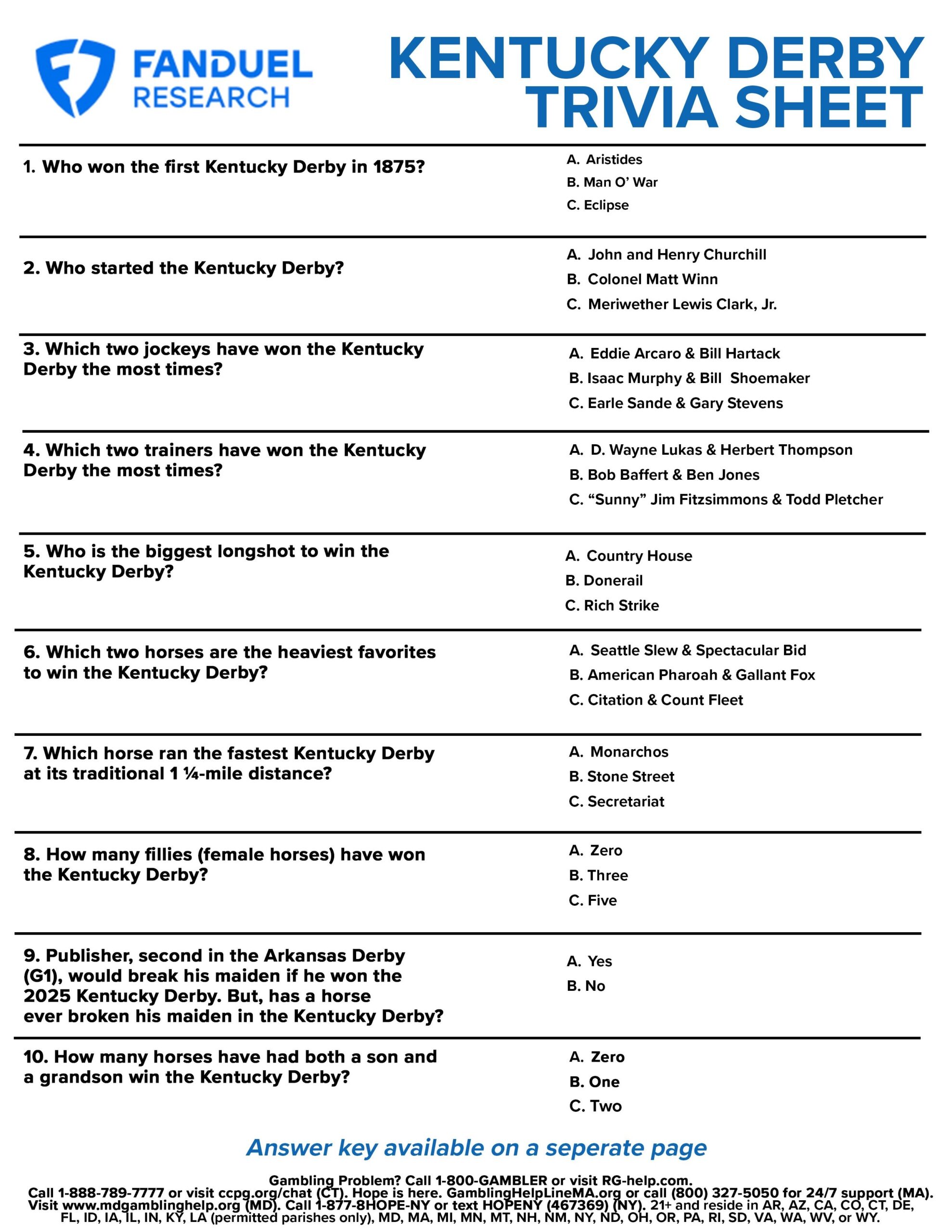2025 Kentucky Derby Free Printable Trivia Sheet Fun Facts About Kentucky Derby History FanDuel Research