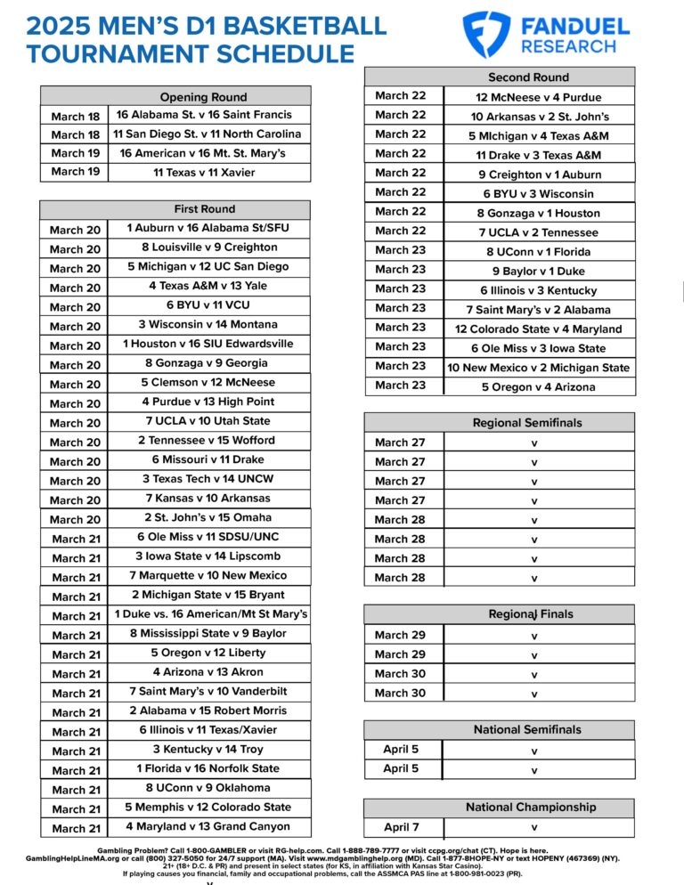 2025 Men s College Basketball Tournament Free Printable Schedule With Second Round Games FanDuel Research