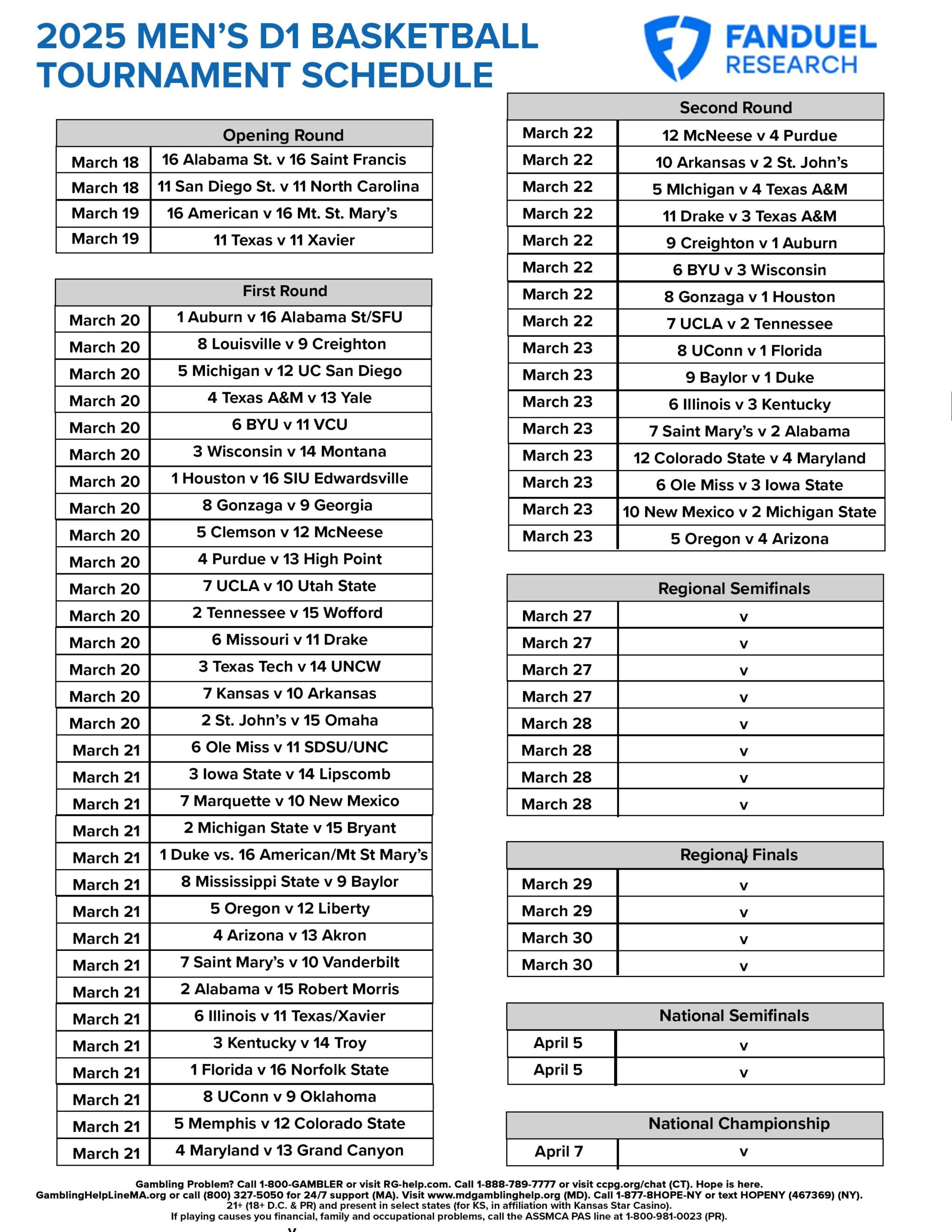 2025 Men s College Basketball Tournament Free Printable Schedule With Second Round Games FanDuel Research