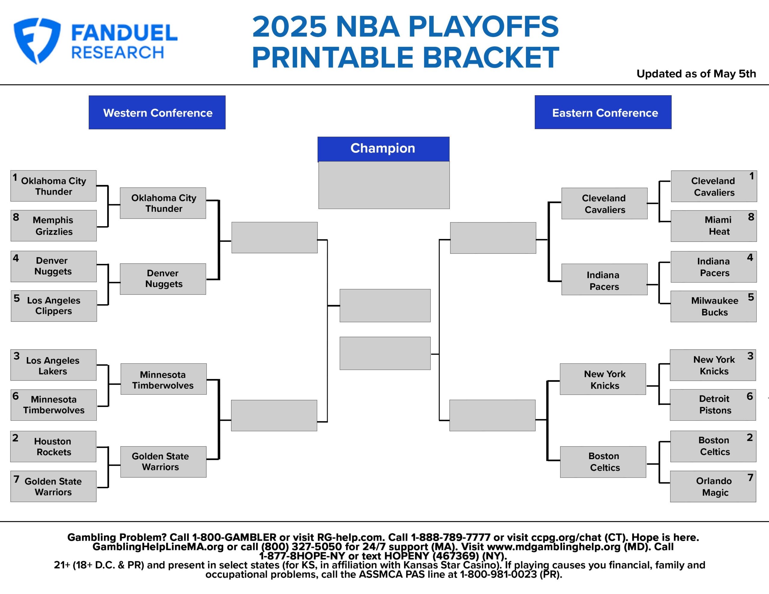 2025 NBA Playoffs Second Round Free Printable Bracket And Betting Odds FanDuel Research