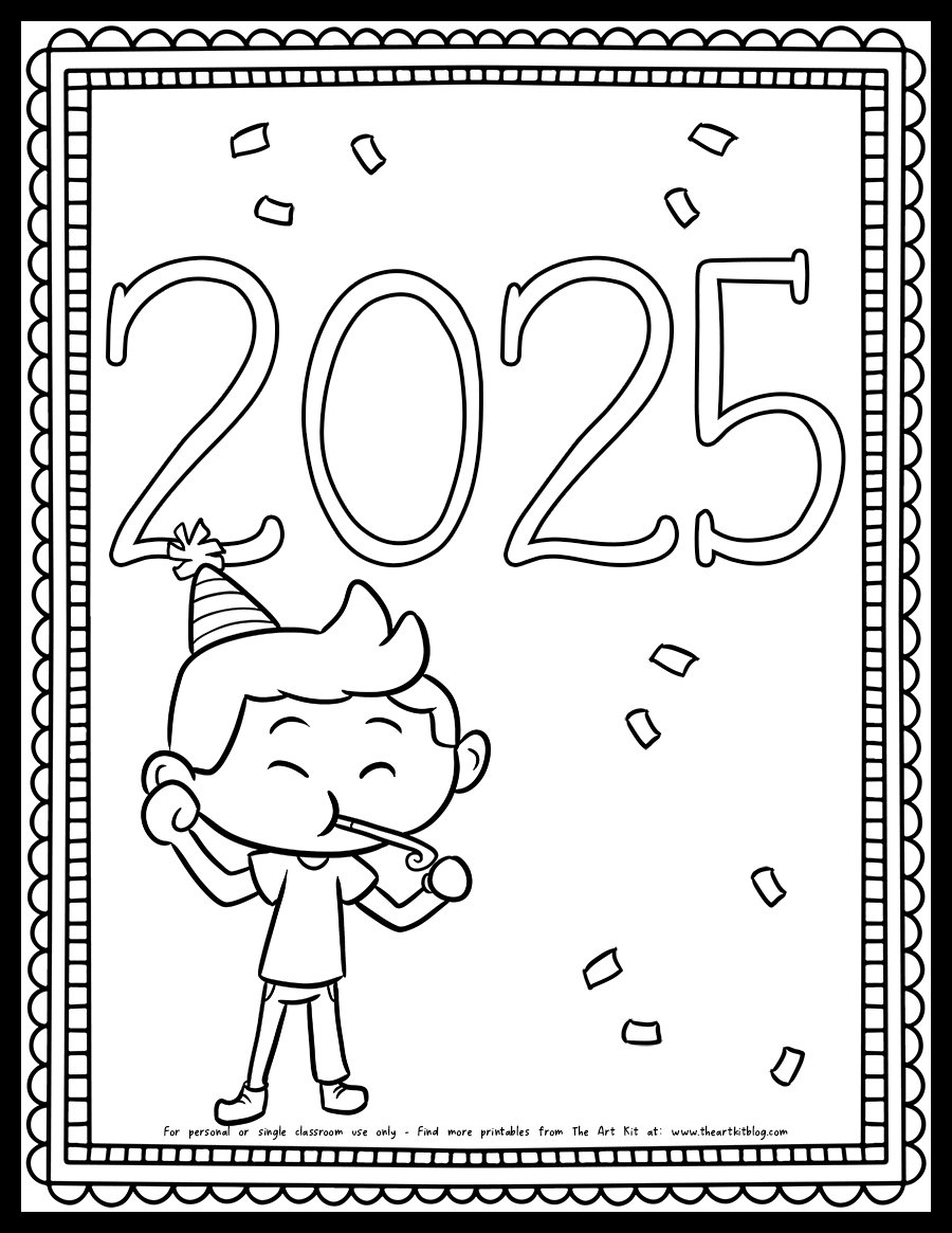 2025 New Year Party Coloring Page With Boy And Confetti Free 