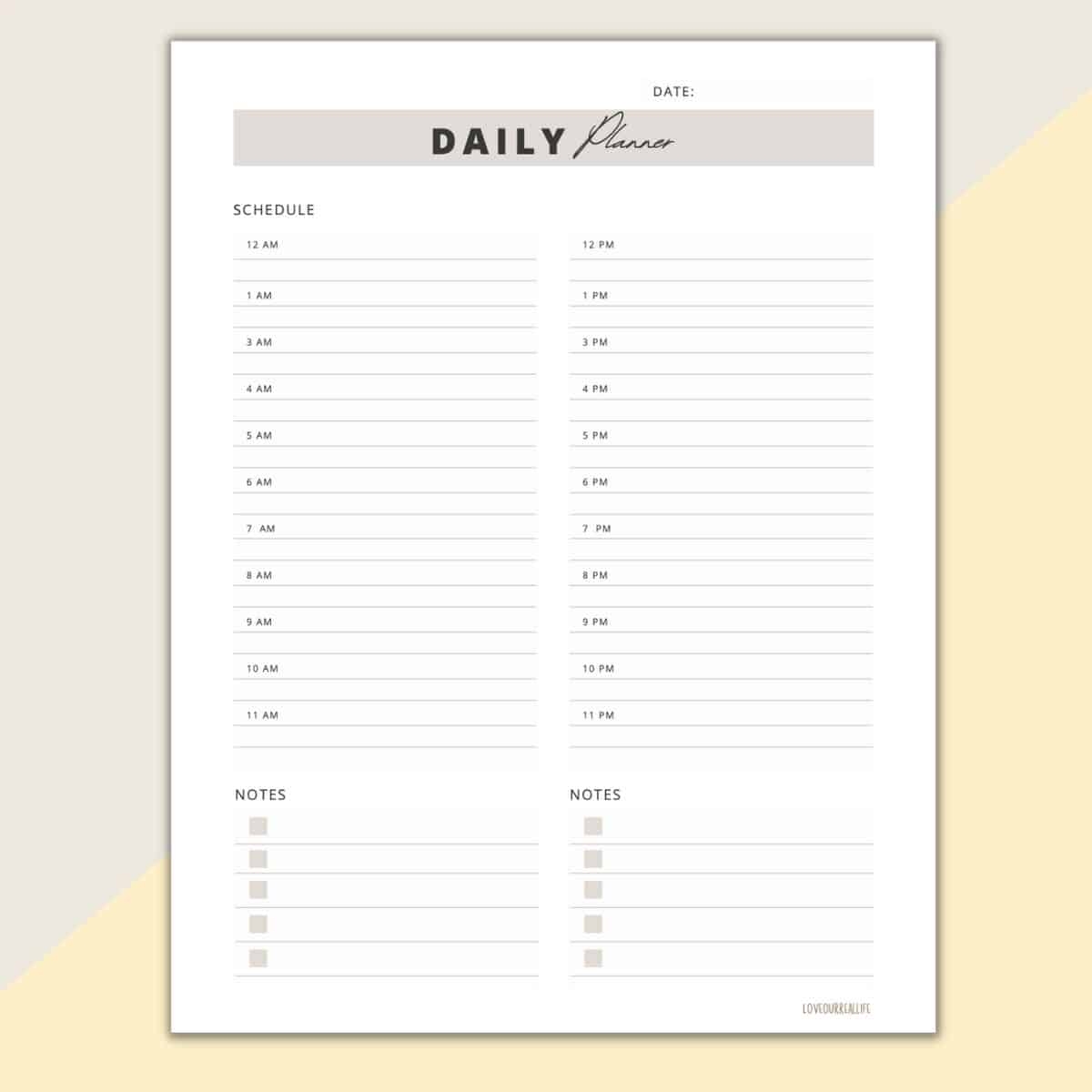 24 Hour Daily Schedule Template 1 Page Layout Printable 