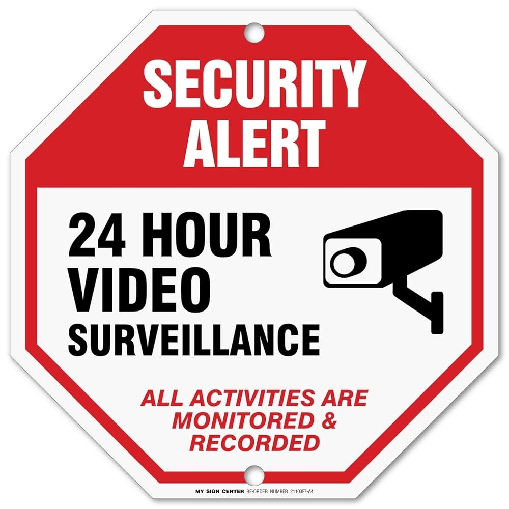 24 Hour Video Surveillance Sign Security Camera Sign Warning For CCTV Recording System Octagon Shaped Outdoor Rust Free Metal 11