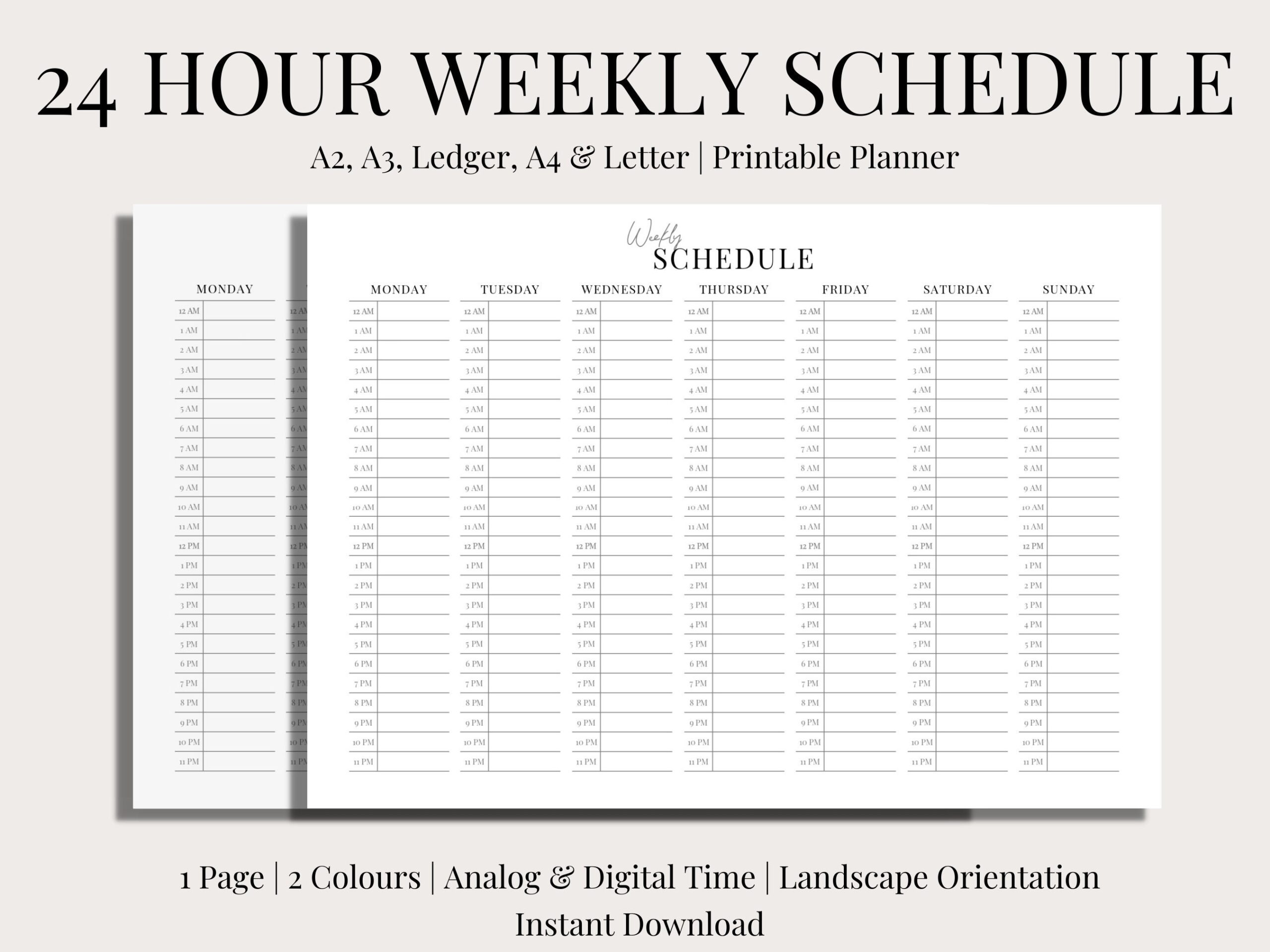 24 Hour Weekly Schedule Landscape Printable 2 Versions Hourly 