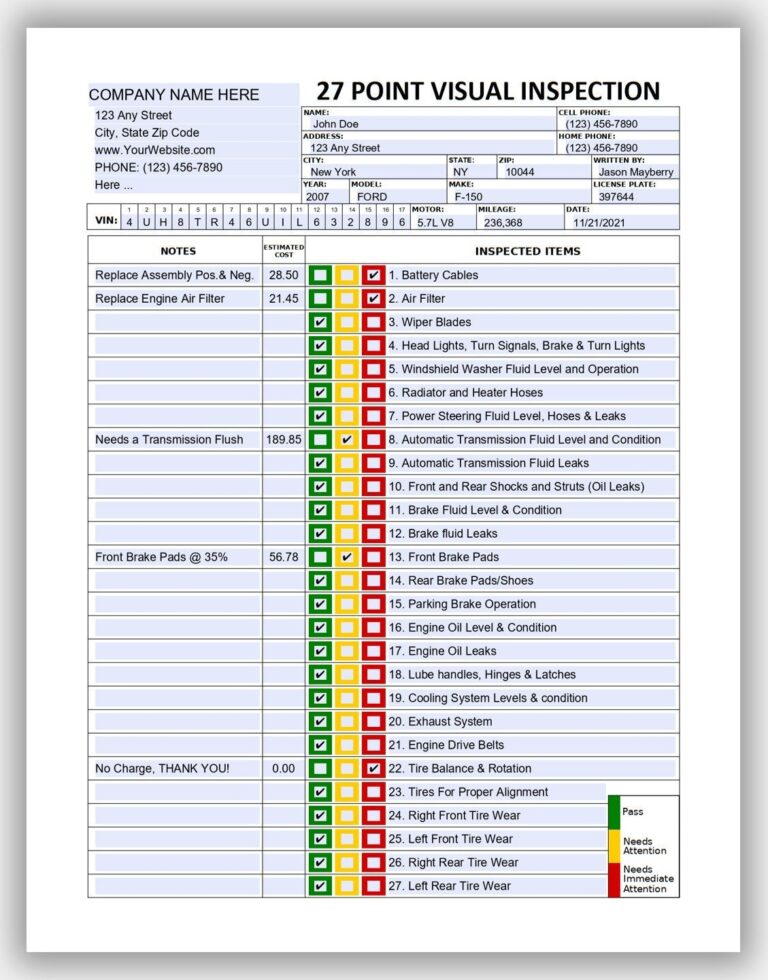 27 Point Visual Vehicle Inspection Form Fillable PDF Multi point