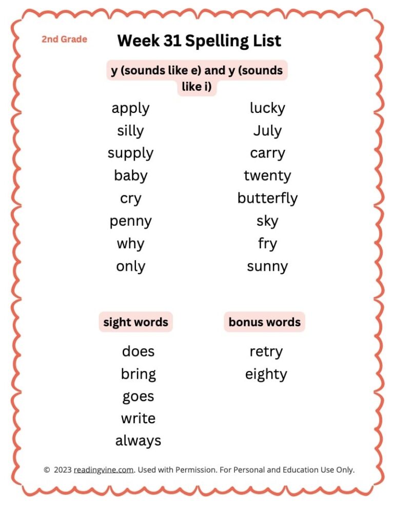 2nd Grade Spelling Words Full 31 Week Curriculum