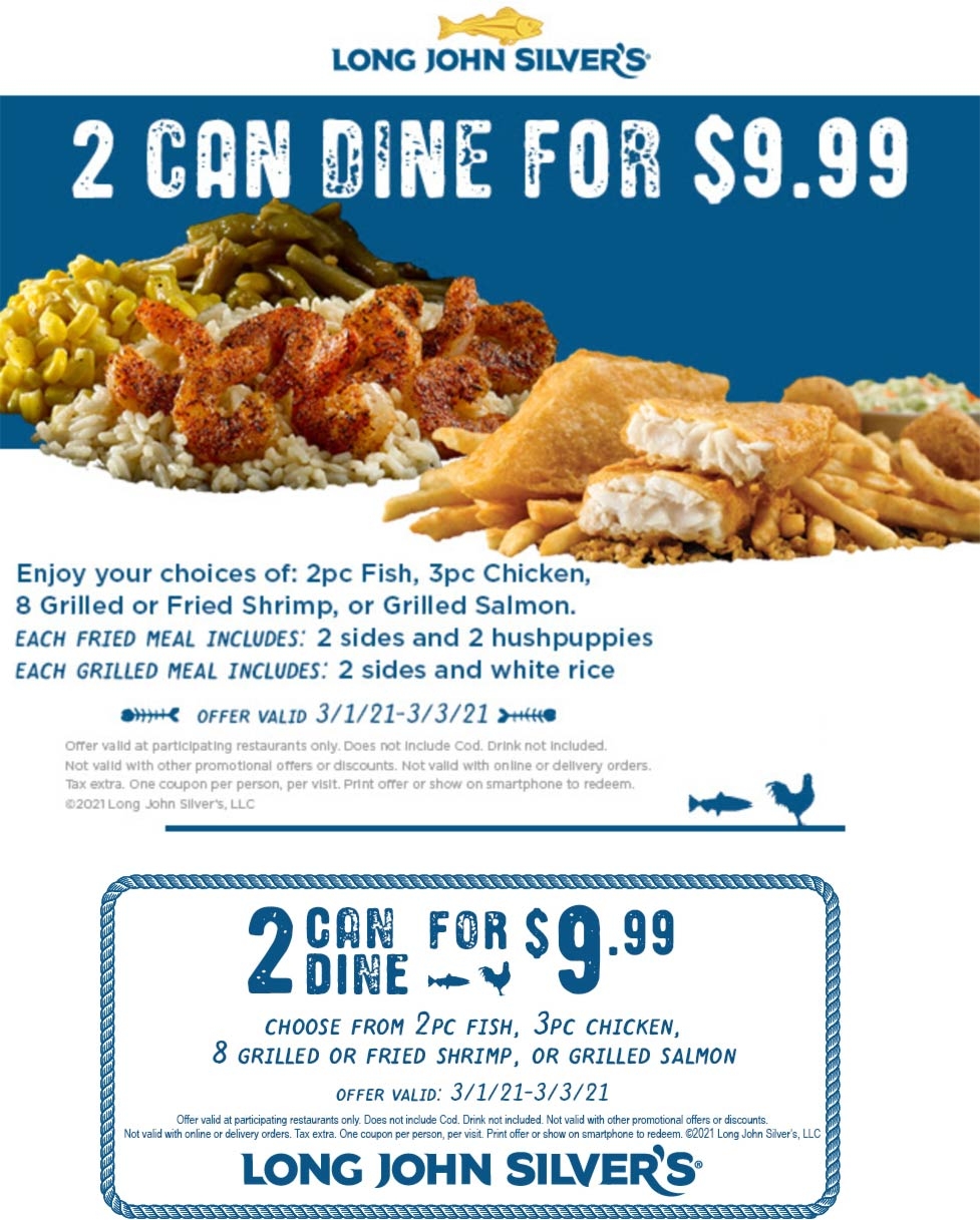 2pc Fish 3pc Chicken 8pc Shrimp Or Grilled Salmon 2 Sides Hushpuppies U003d 10 At Long John Silvers Long John Silvers August 2025 Coupons Promo Codes U0026 Deals 
