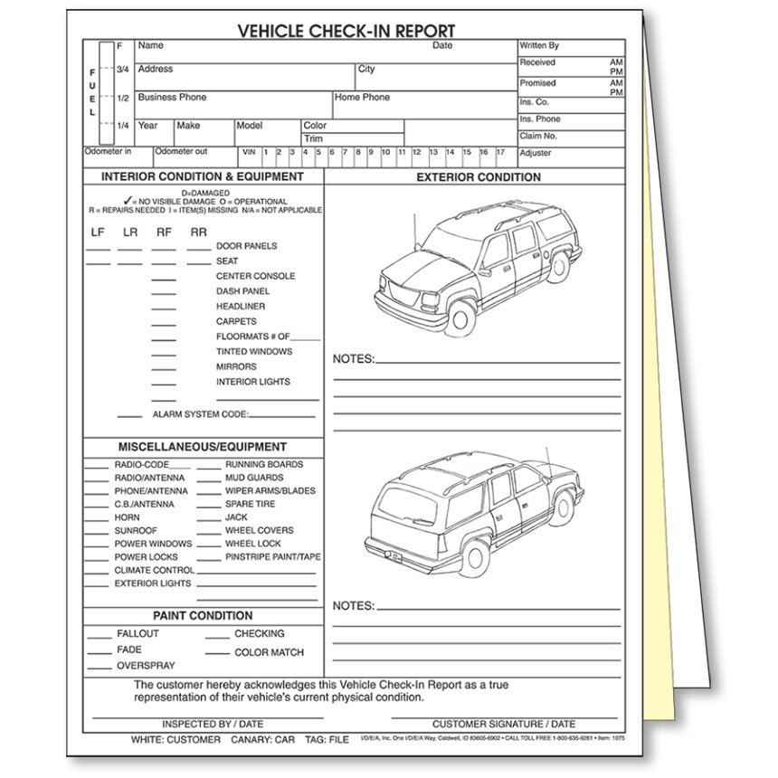 3 Part Vehicle Check In Report Sport Utility Auto Body Supplies
