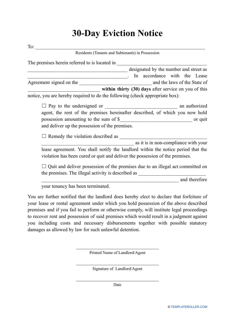 30 day Notice Template Fill Out Sign Online And Download PDF 