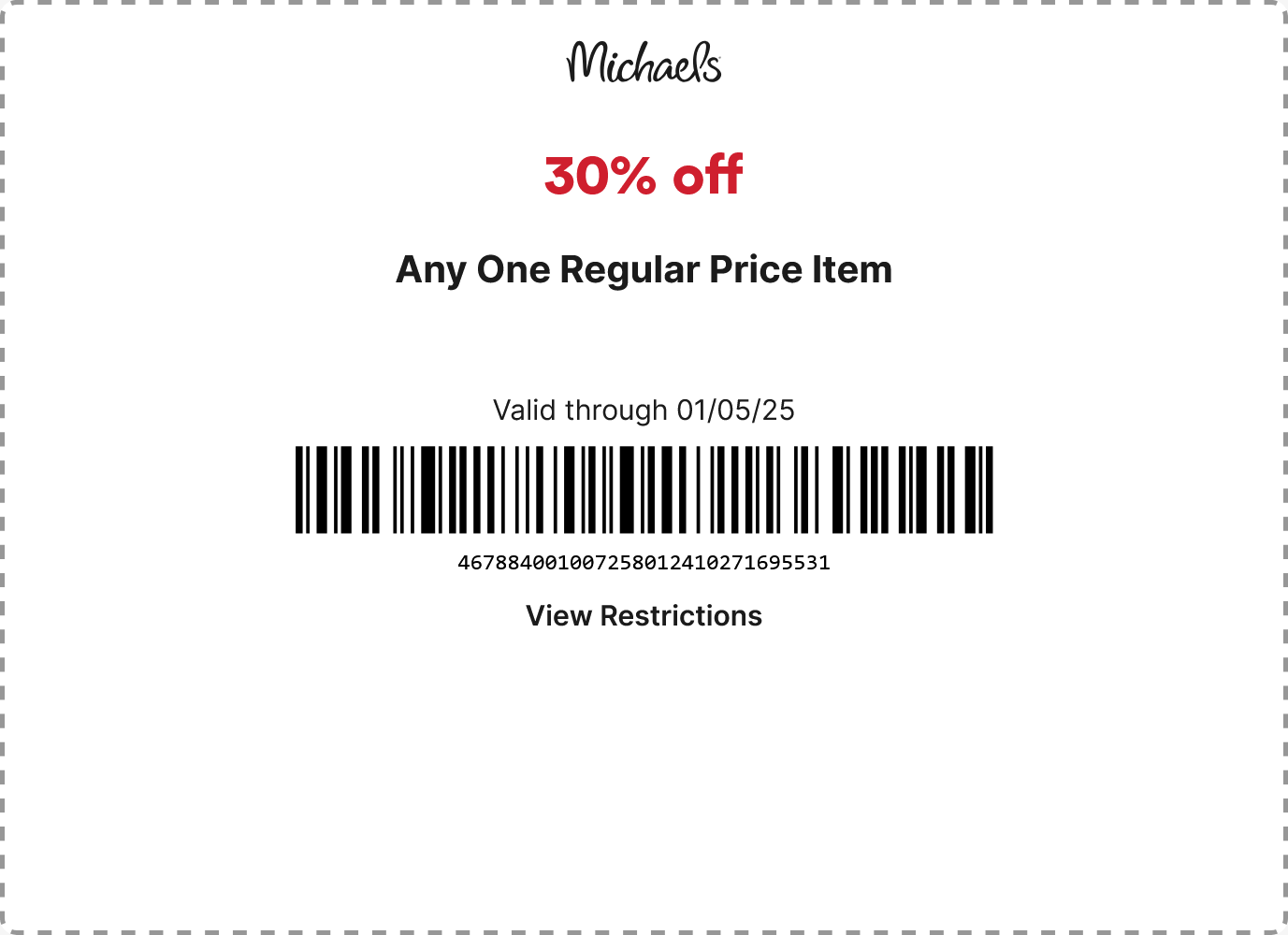 30 Off A Single Item At Michaels Or Online Via Promo Code DECMIK30 Michaels The Coupons App 