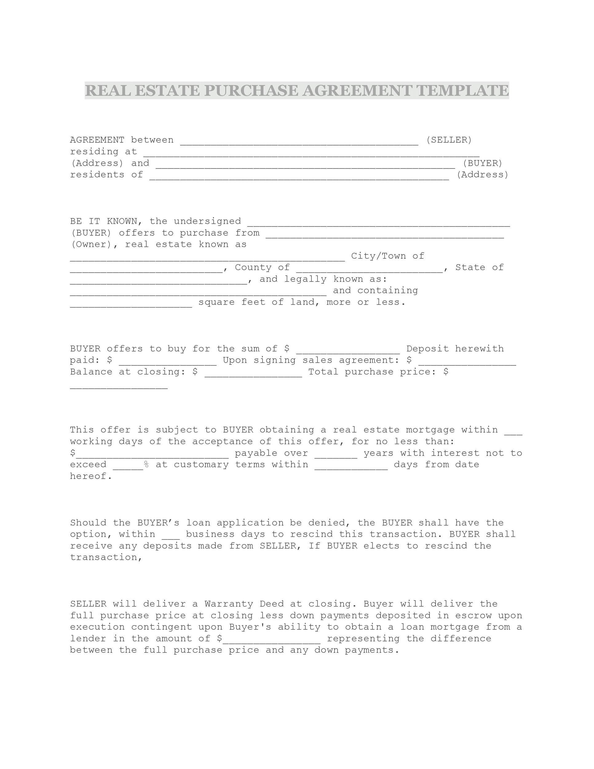37 Simple Purchase Agreement Templates Real Estate Business 