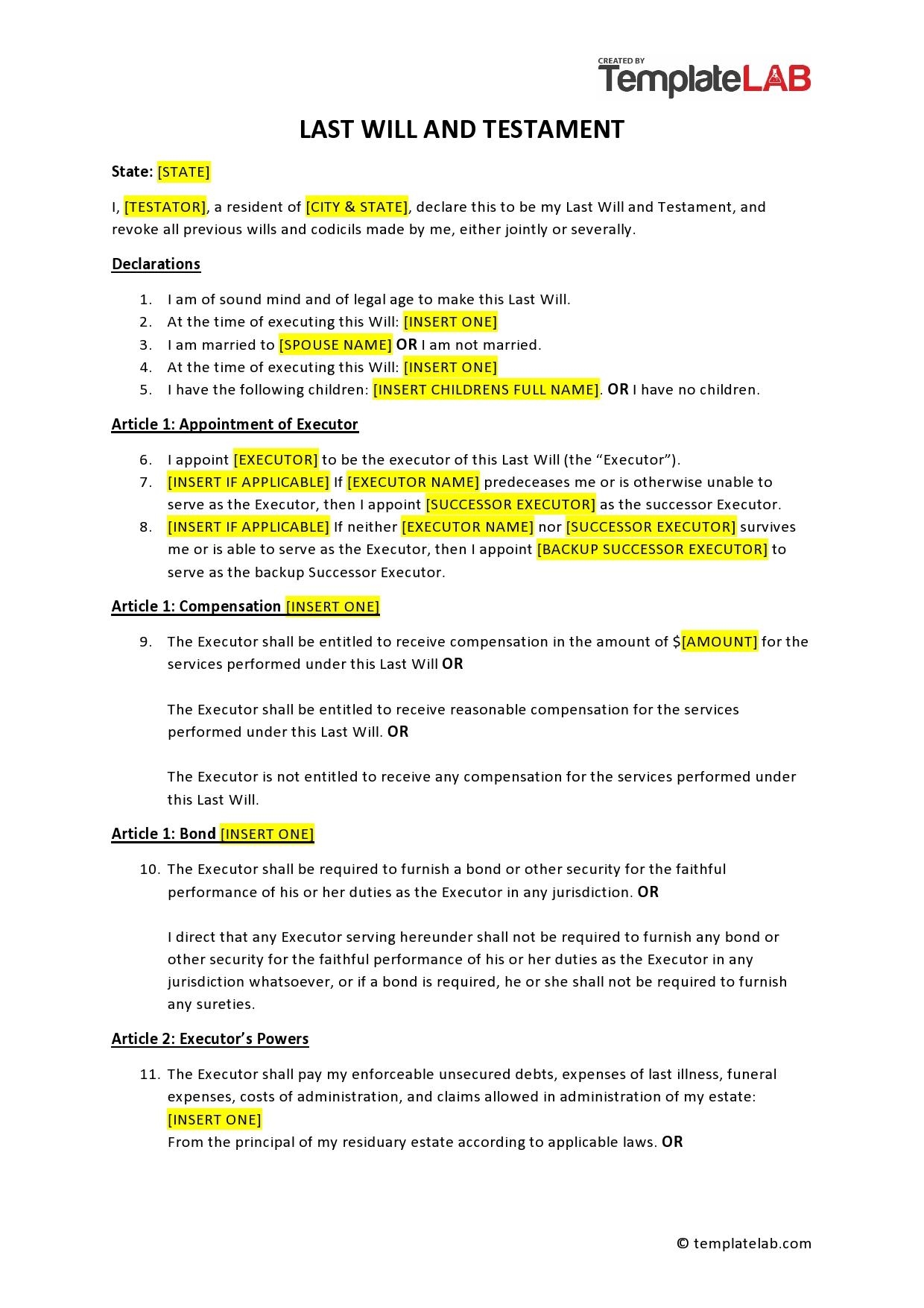 free printable last will and testament