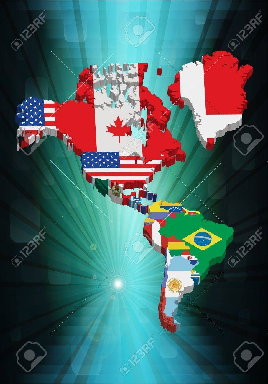 3D Outline North And Sud American Map With National Flag Vector 