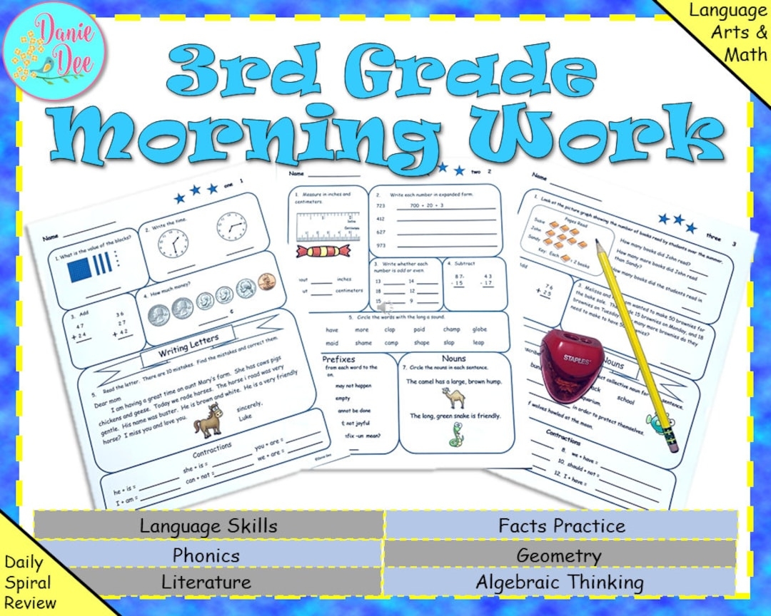 3rd Grade Third Grade NO PREP Daily Spiral Review Worksheets Morning Work Homeschool Math Worksheet Reading Printable Activity 180 Pages Etsy