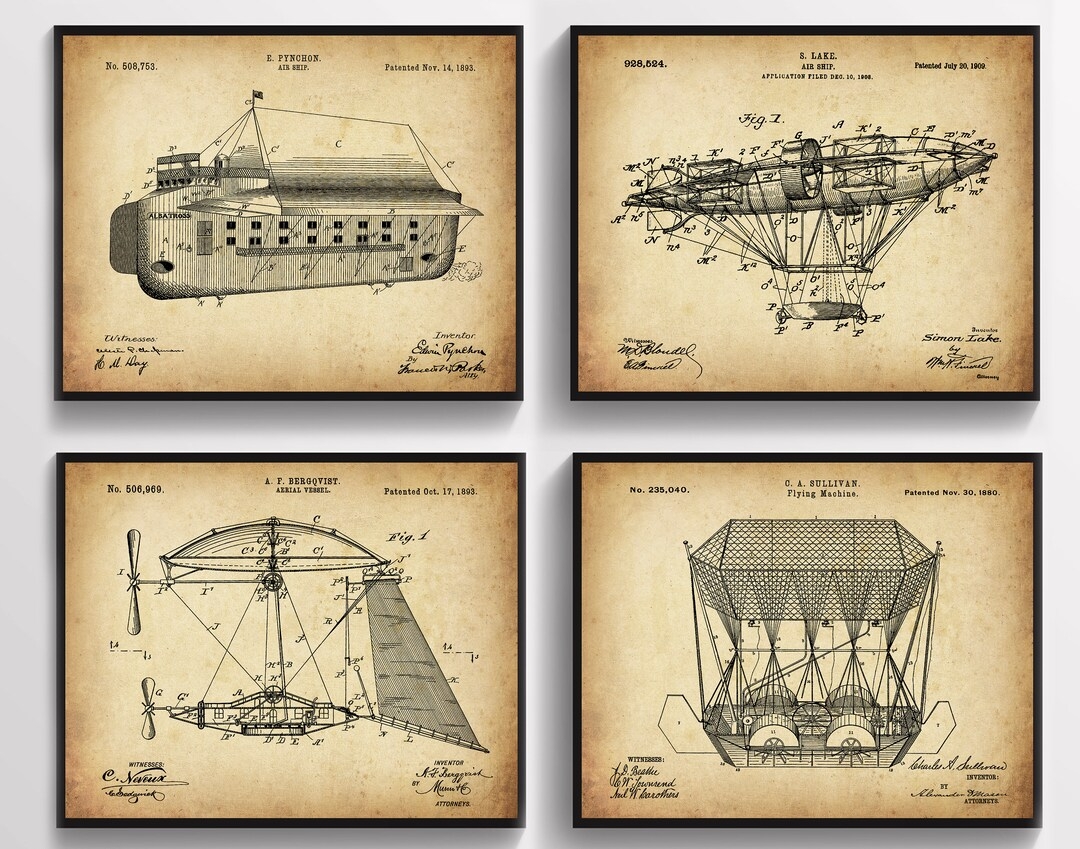 4 Airship Blueprint Drawing Balloon Machine Patent Art Flying Apparatus Invention Wall Decor Antique Aviation Wall Art Home Wall Decor Etsy