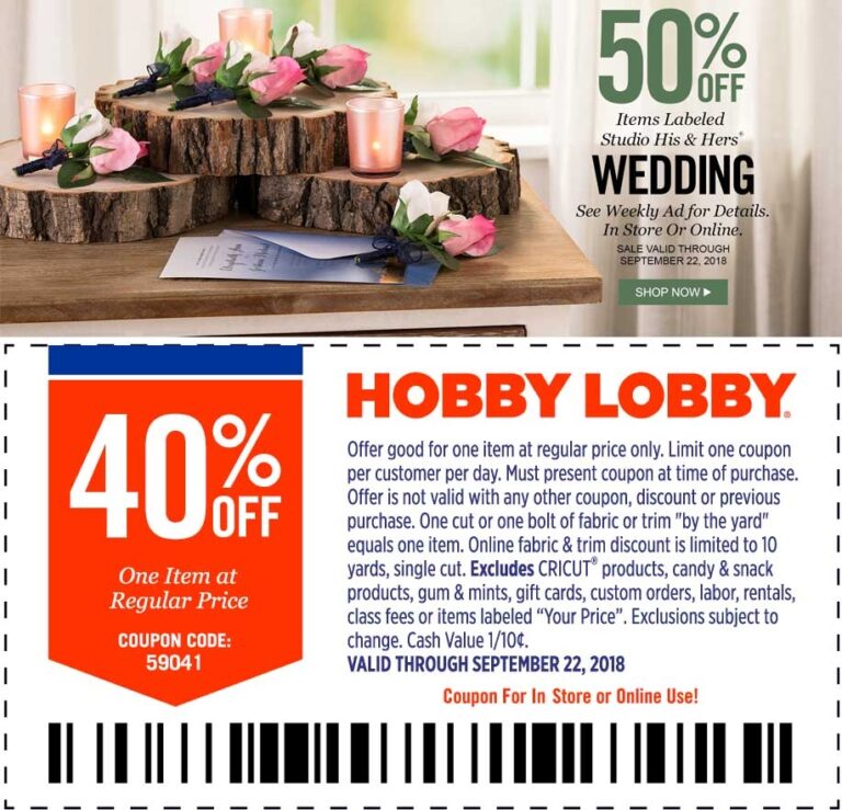 40 Off A Single Item At Hobby Lobby Or Online Via Promo Code 59041 Hobby Lobby August 2025 Coupons Promo Codes U0026 Deals 