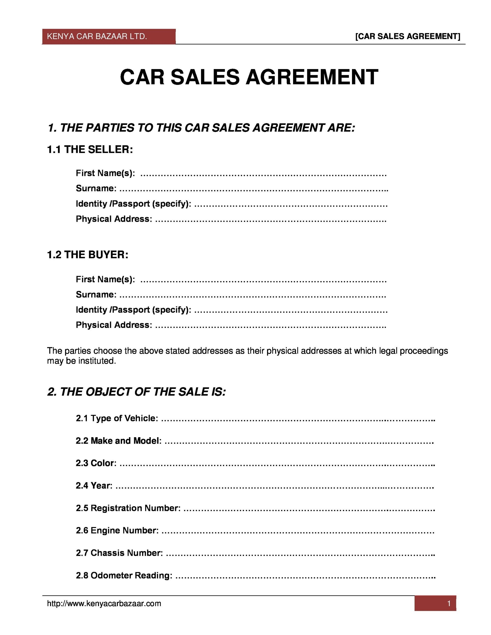 42 Printable Vehicle Purchase Agreement Templates Word PDF 