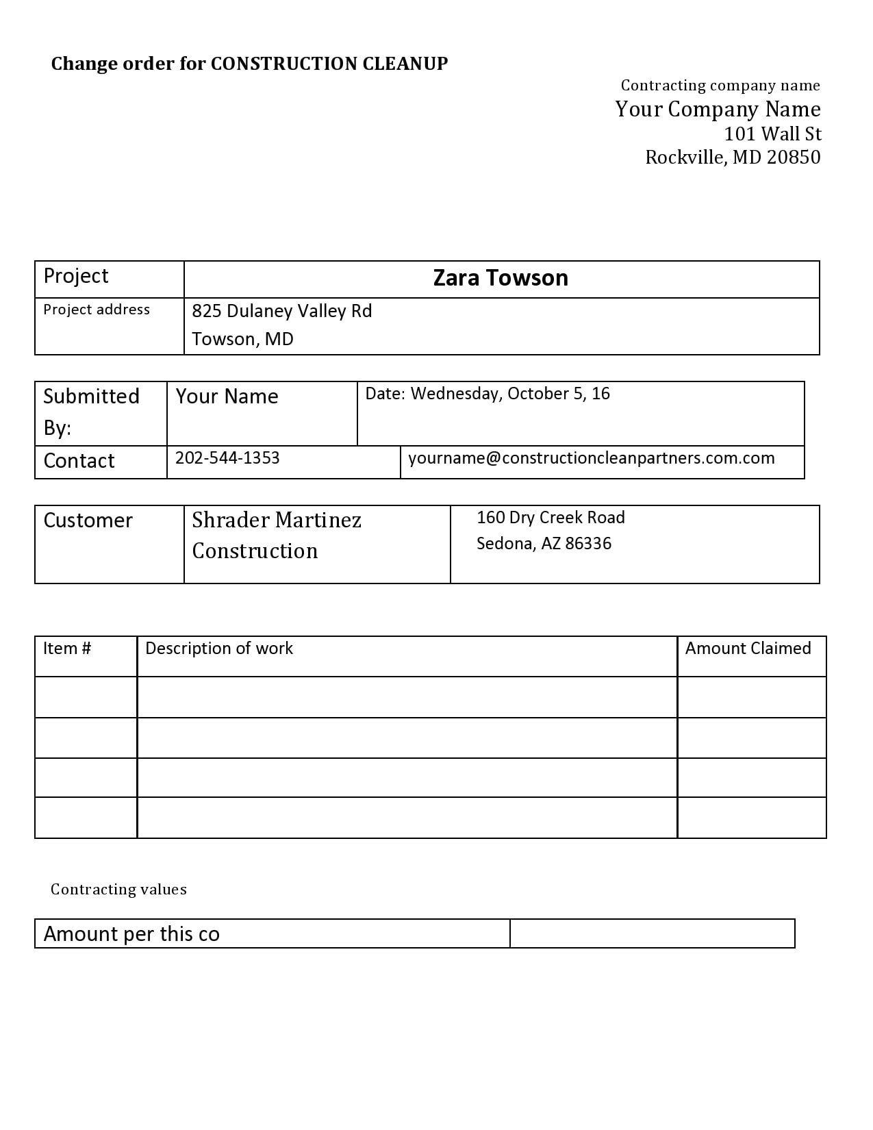 free printable construction change order forms