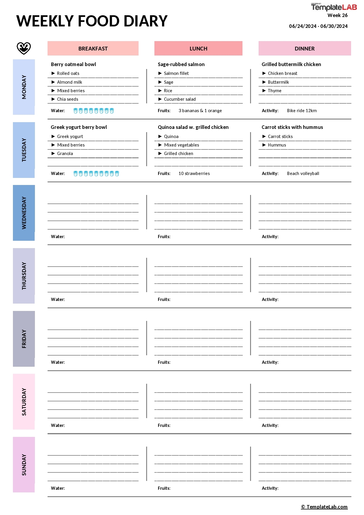 free printable food journal for weight loss