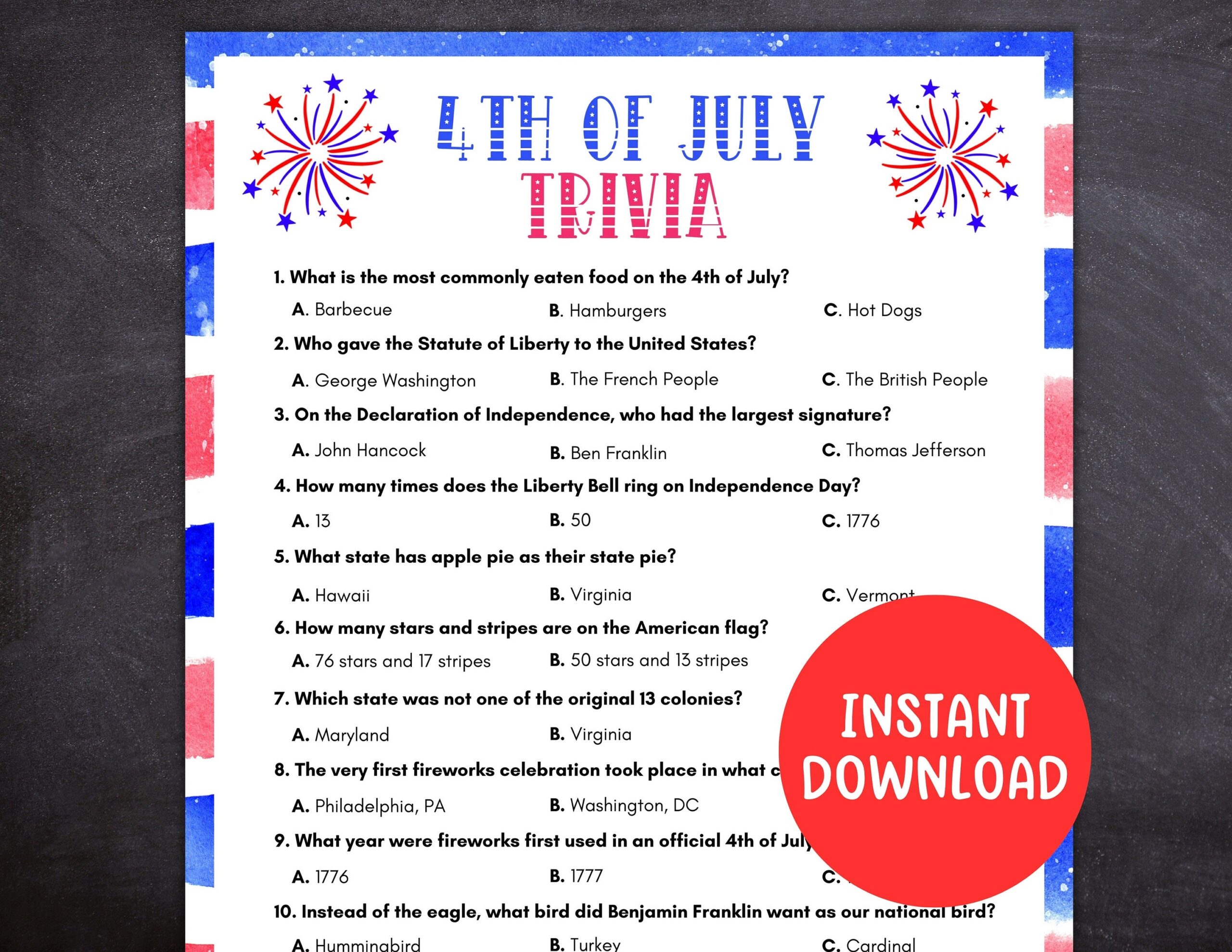 4th Of July Trivia Game Independence Day Quiz printable PDF Etsy