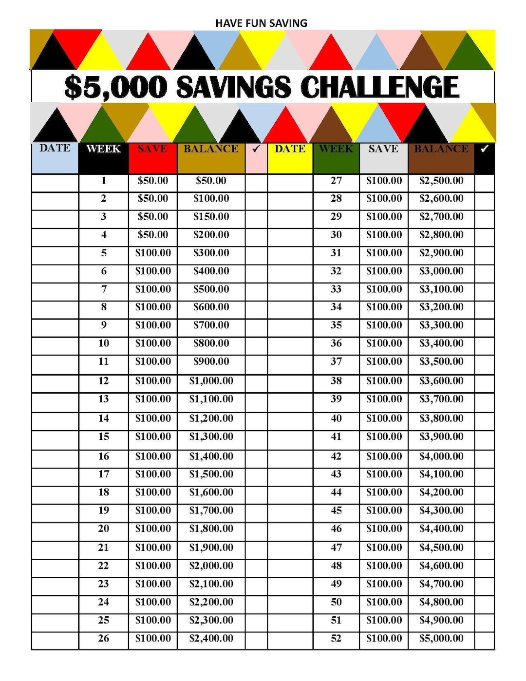 5 000 SAVINGS CHALLENGE 52 WEEK Savings Challenge Etsy
