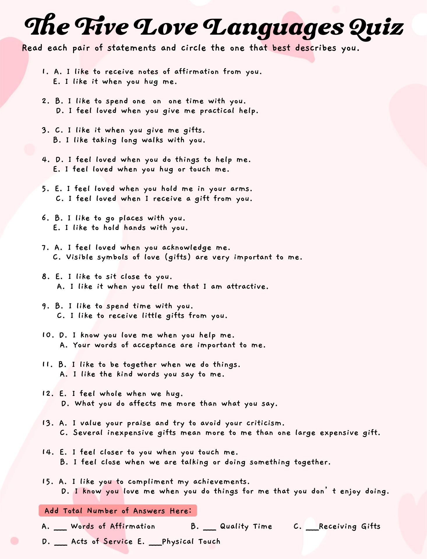 5 Love Languages Quiz PDF Individual Therapy And Couples Therapy Worksheets Library