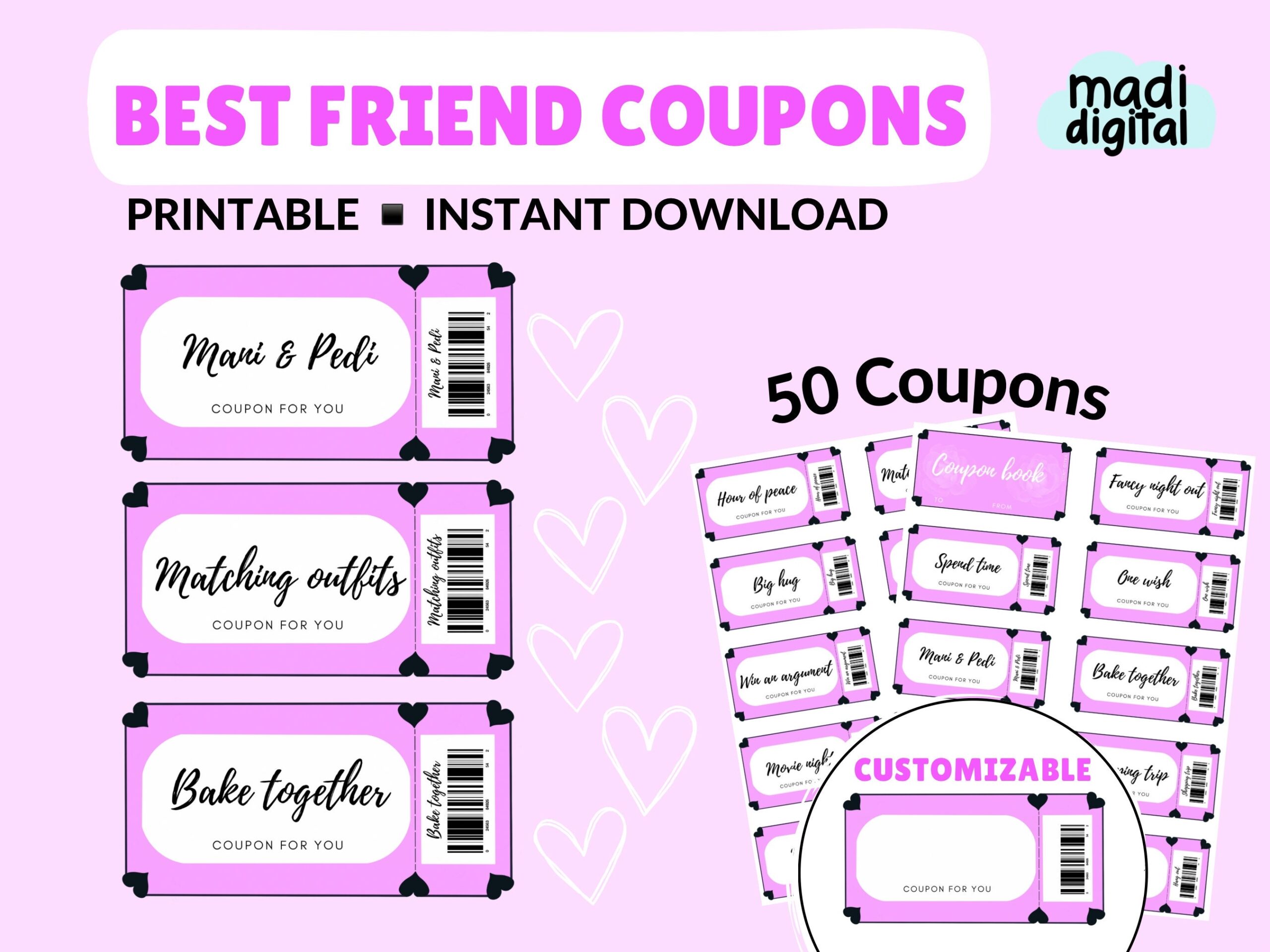 50 Customizable Love Coupons Best Friend Bestie Birthday Gift For Her Cute Coupon Voucher Book Template Instant Download Printable PDF Etsy