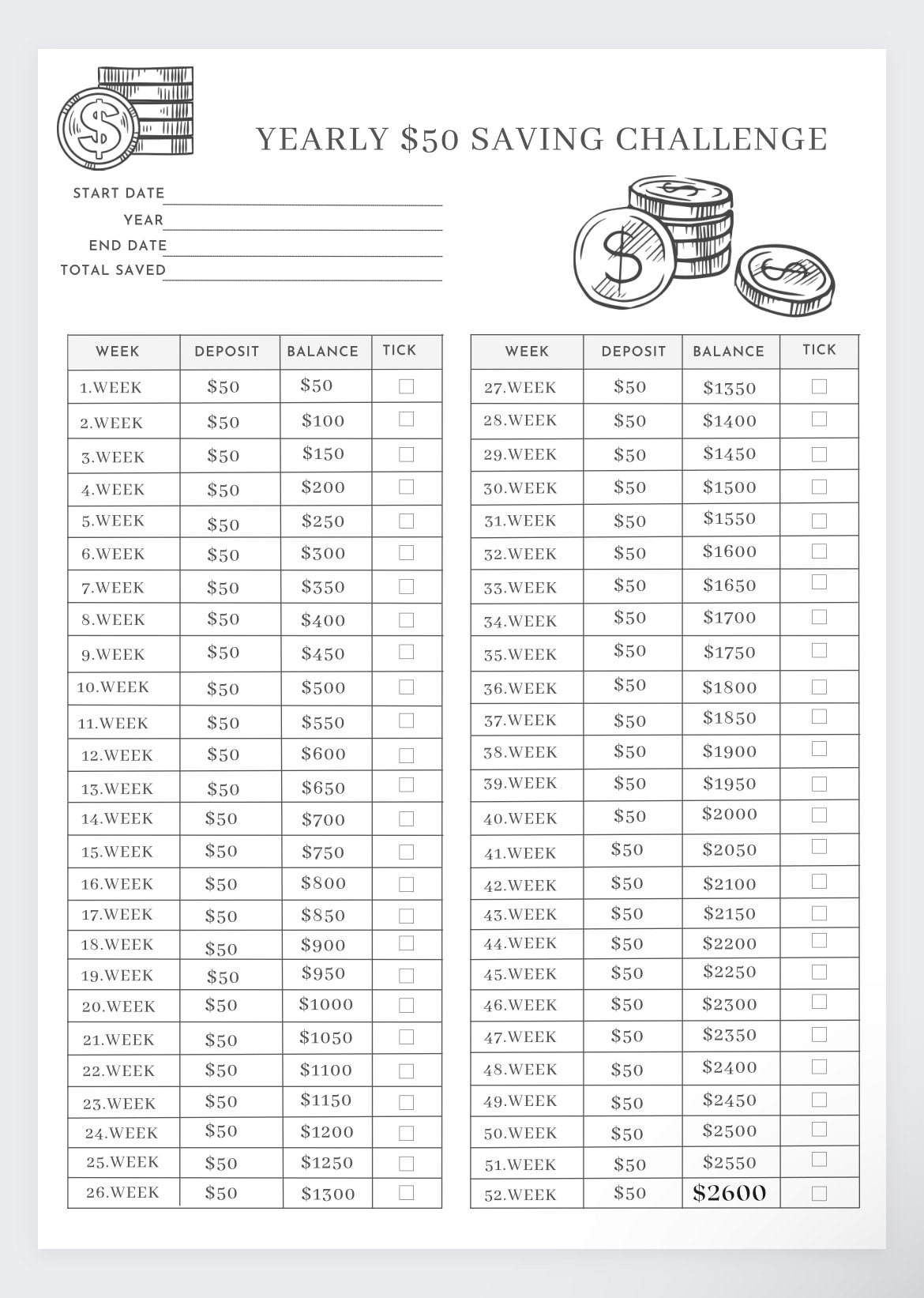 52 week money challenge printable 2019