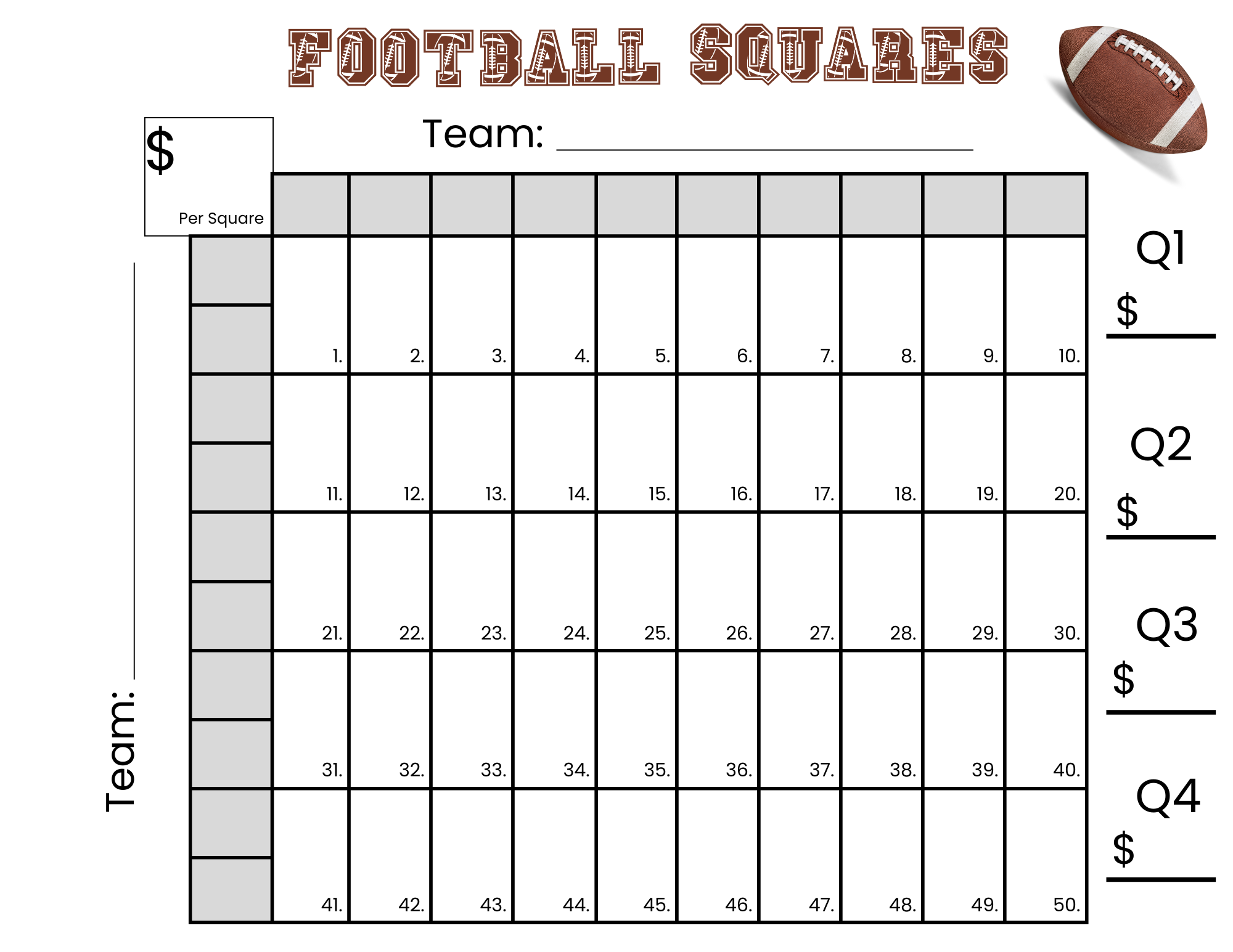 50 Football Squares Game Printable 5 10 Football Squares Instant 