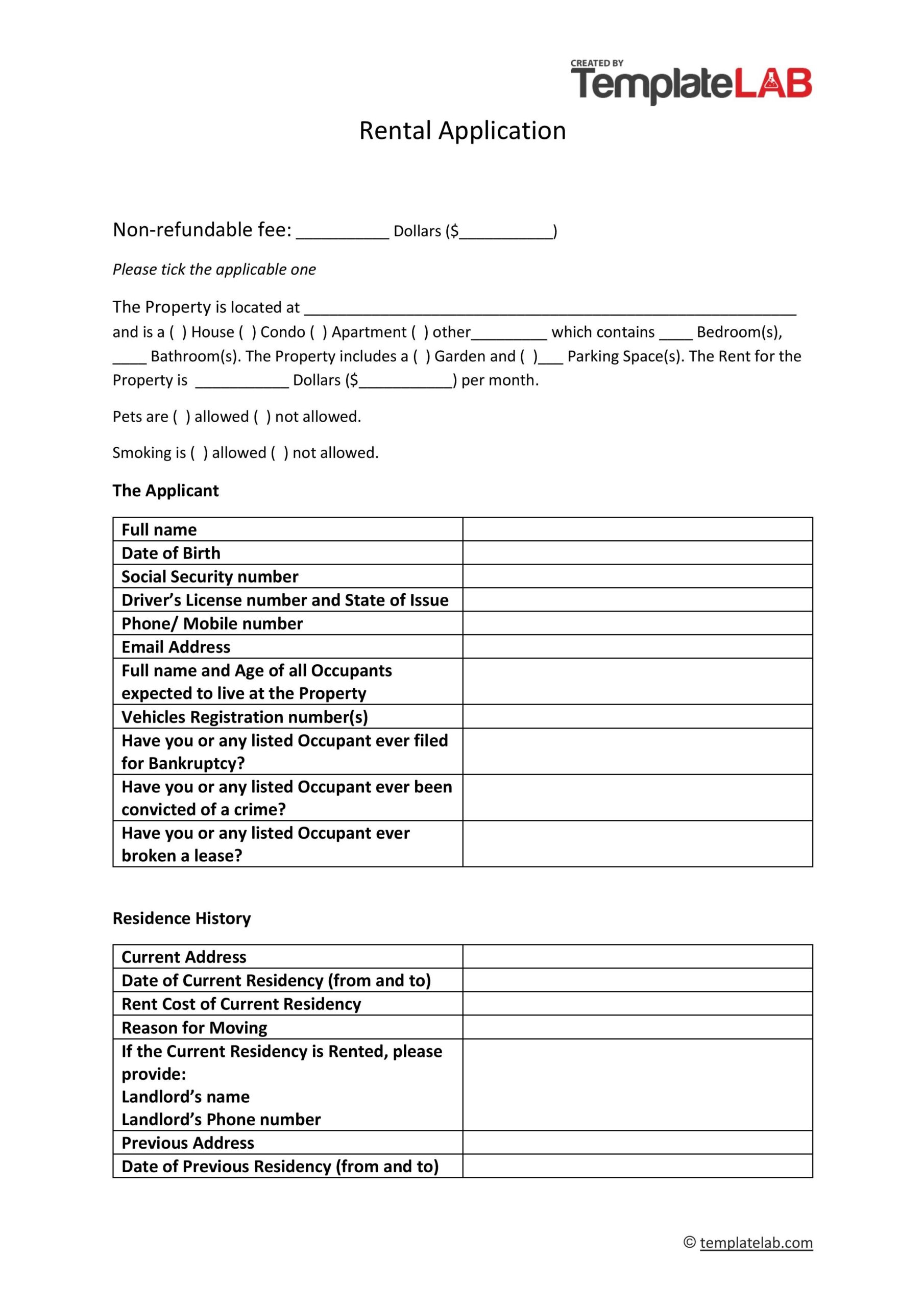 free printable rental application form word