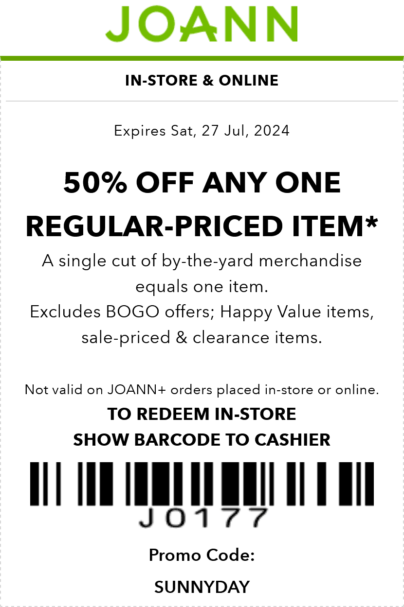 50 Off A Single Item Today At Joann Or Online Via Promo Code SUNNYDAY JoAnn August 2025 Coupons Promo Codes U0026 Deals  50 Off A Single Item Today At Joann Or Online Via Promo Code SUNNYDAY JoAnn August 2025 Coupons Promo Codes U0026 Deals