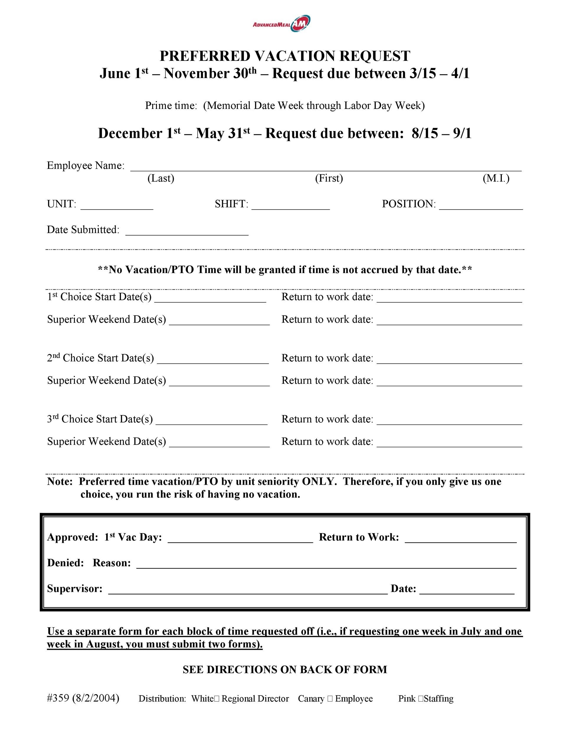 50 Professional Employee Vacation Request Forms Word TemplateLab
