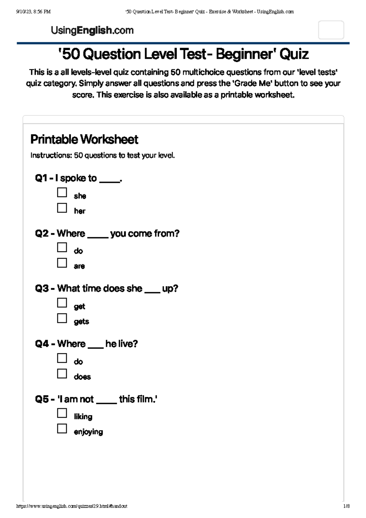 english test for beginners printable