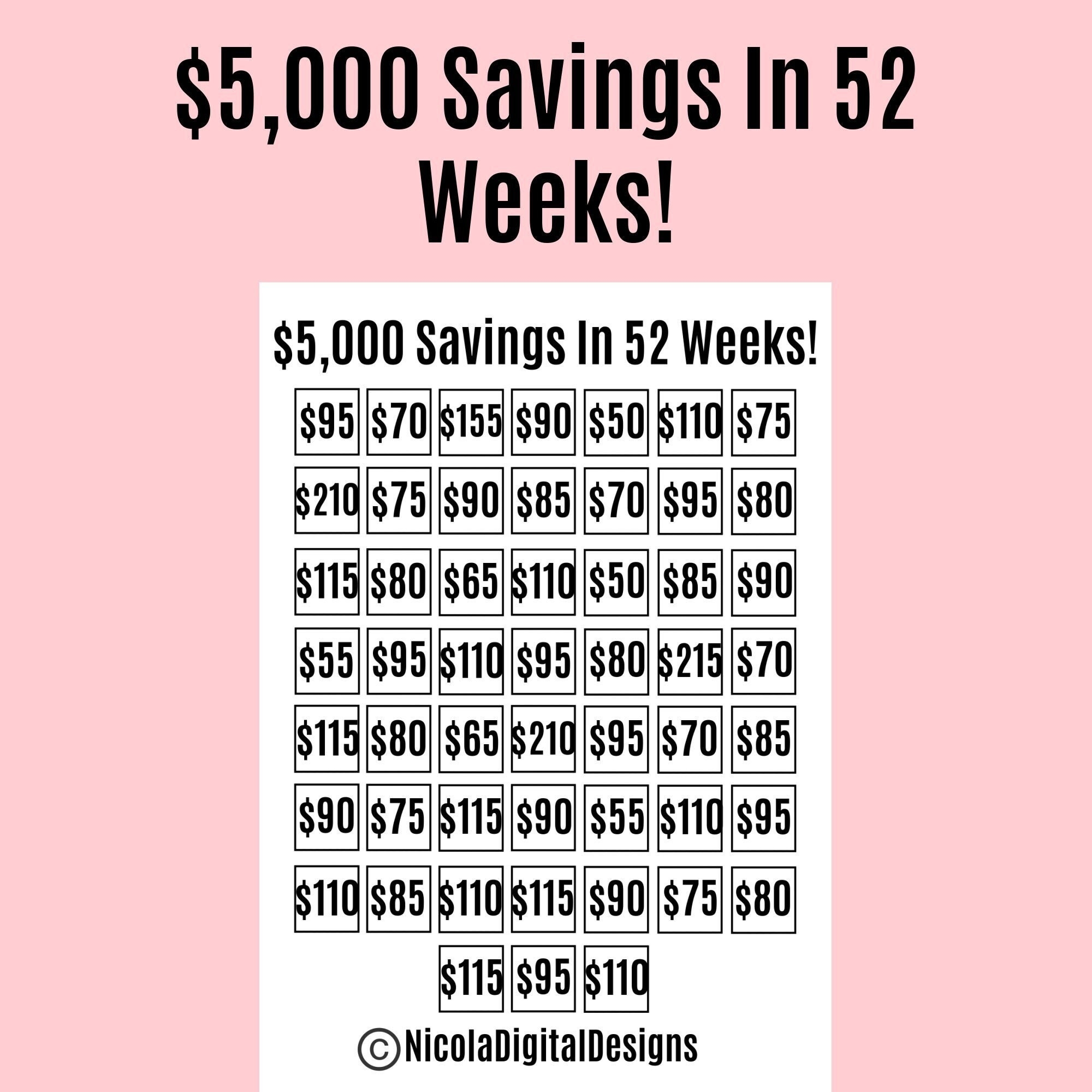 5000 Money Saving Challenge Printable Save 5000 In 52 Weeks Savings Tracker Savings Printable Planner
