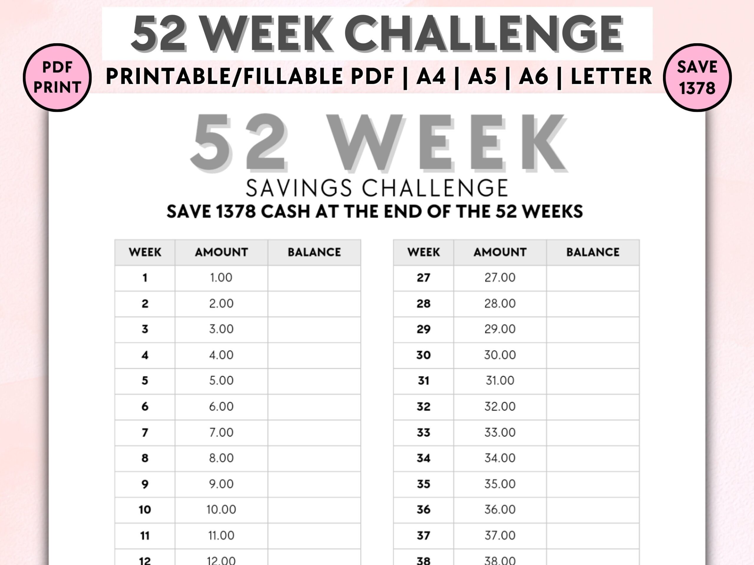 52 Week Challenge 52 Weeks Savings Challenge Weekly Savings 