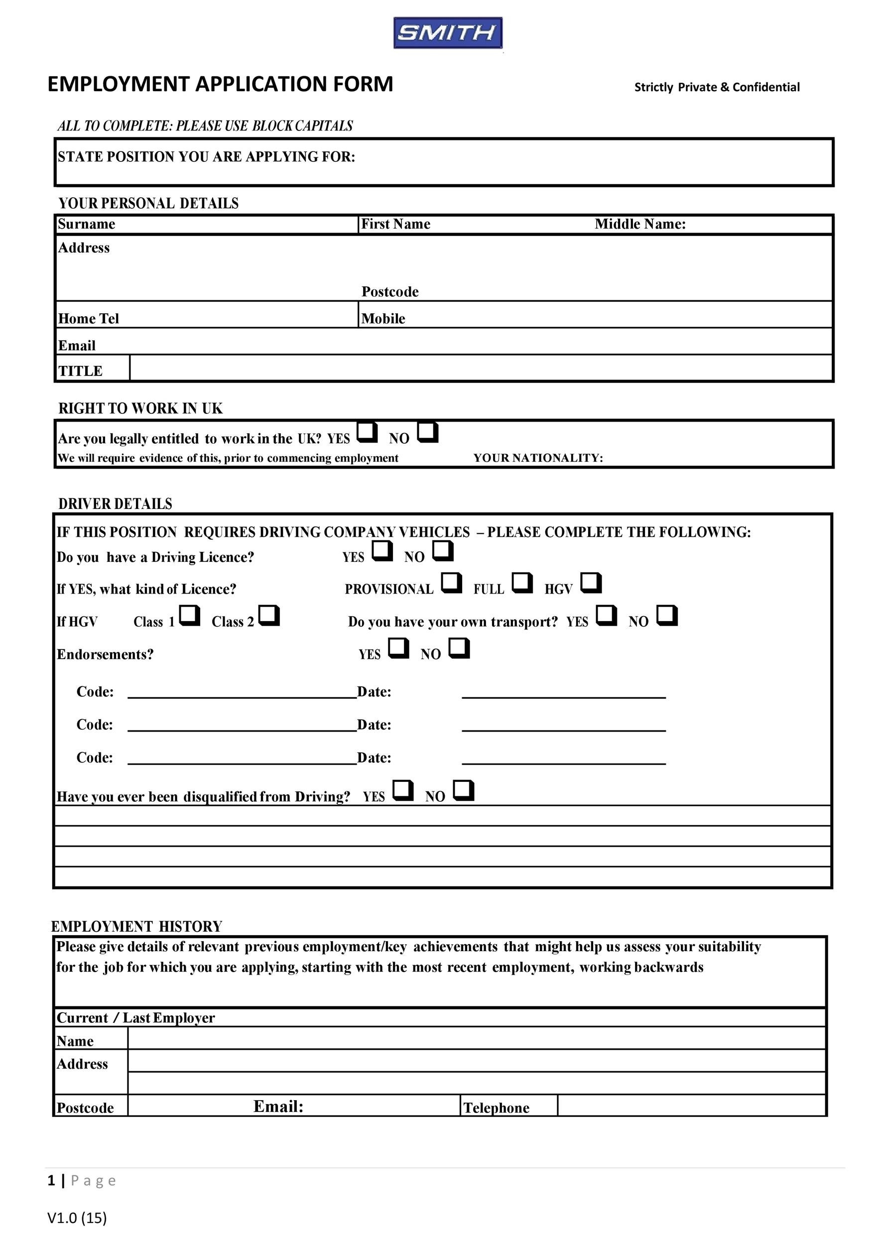 free printable employment applications