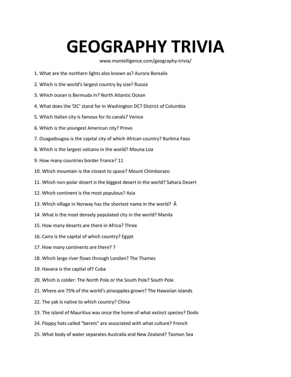 69 Geography Trivia Questions U0026 Answers Easy To Hard Worksheets Library