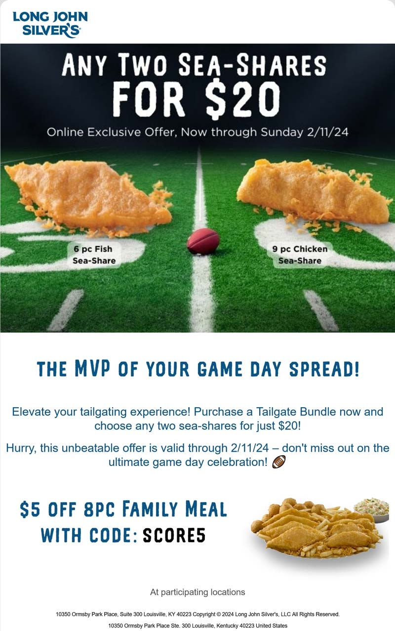6pc Fish 9pc Chicken Also 15 Battered Grilled Or Popcorn Shrimp U003d 2 For 20 At Long John Silvers Also 5 Off 8pc Via Promo Code SCORE5 longjohnsilvers The Coupons App 